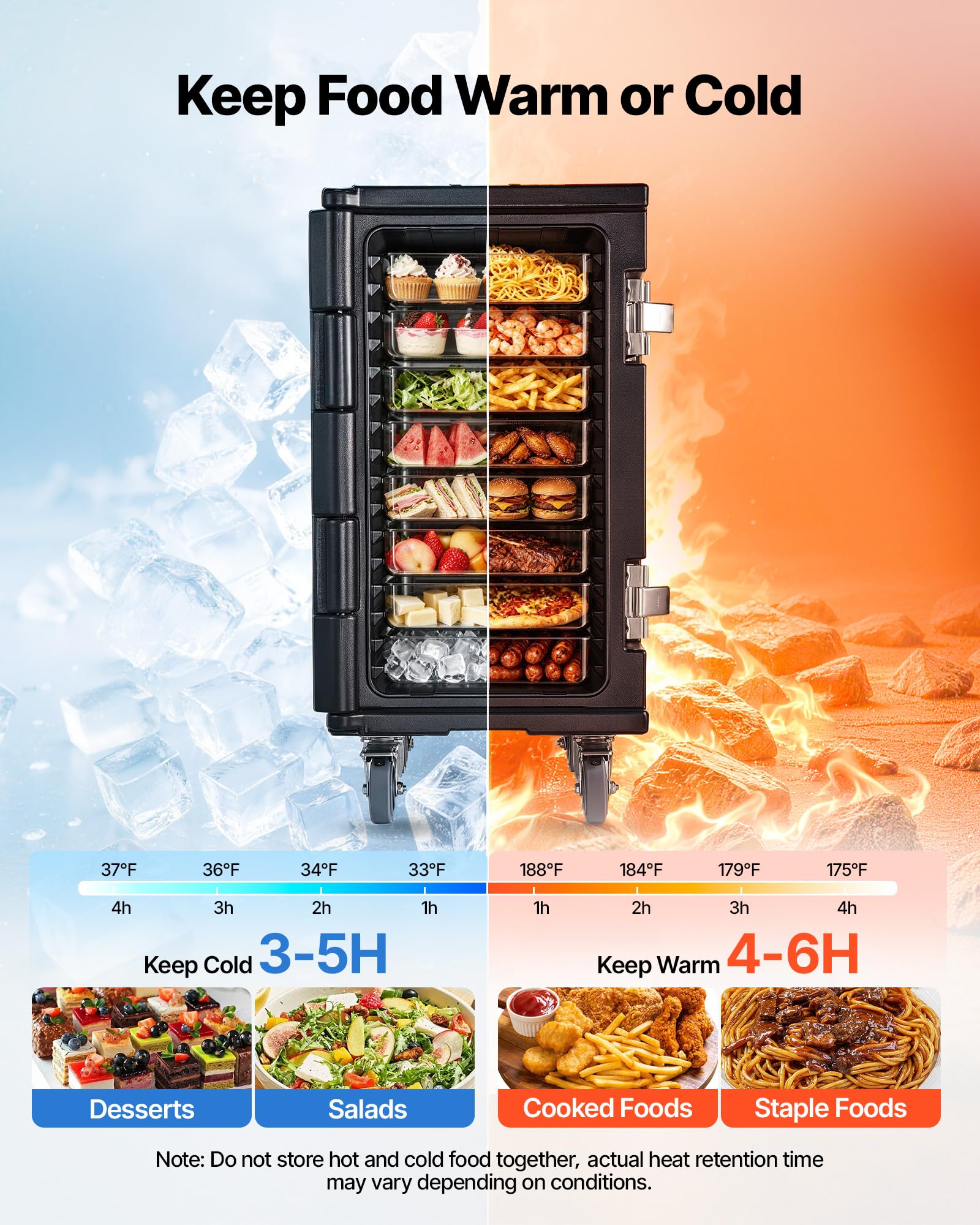VEVOR Conteneur Isotherme 120 L, Caisson Isotherme Alimentaire pour Bacs GN sans Électricité, pour Maintien au Chaud ou Frais Restauration, Boîte de Transport Traiteur Empilable en LLDPE avec Roues