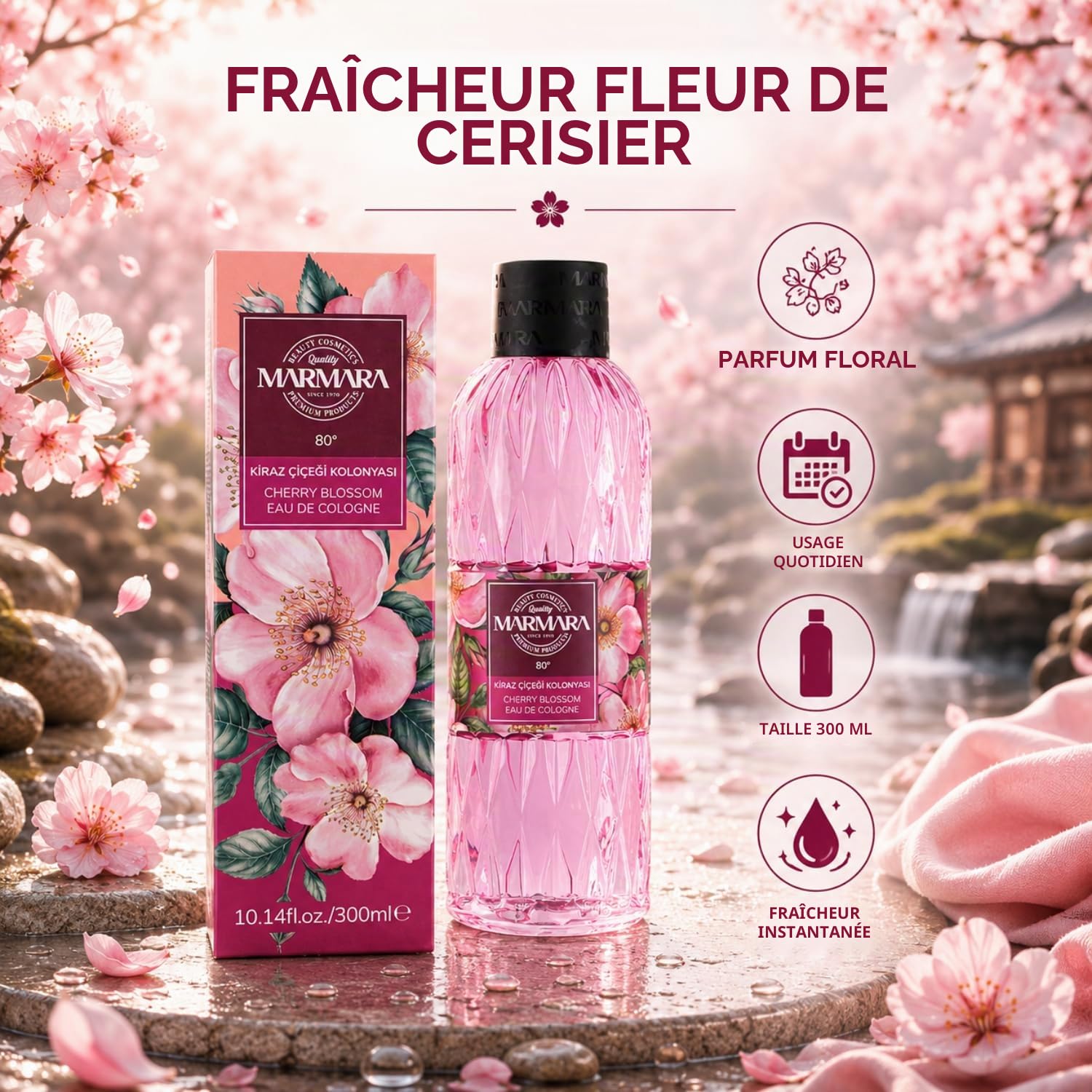 MARMARA BEAUTY Eau de Cologne Fleurs de cerisier 300 ml – Alcool 80° – Parfum rafraîchissant pour femme – Eau parfumée pour femme – Rafraîchit – Fraîcheur & Fleuri – EDC Women – Eau de Cologne