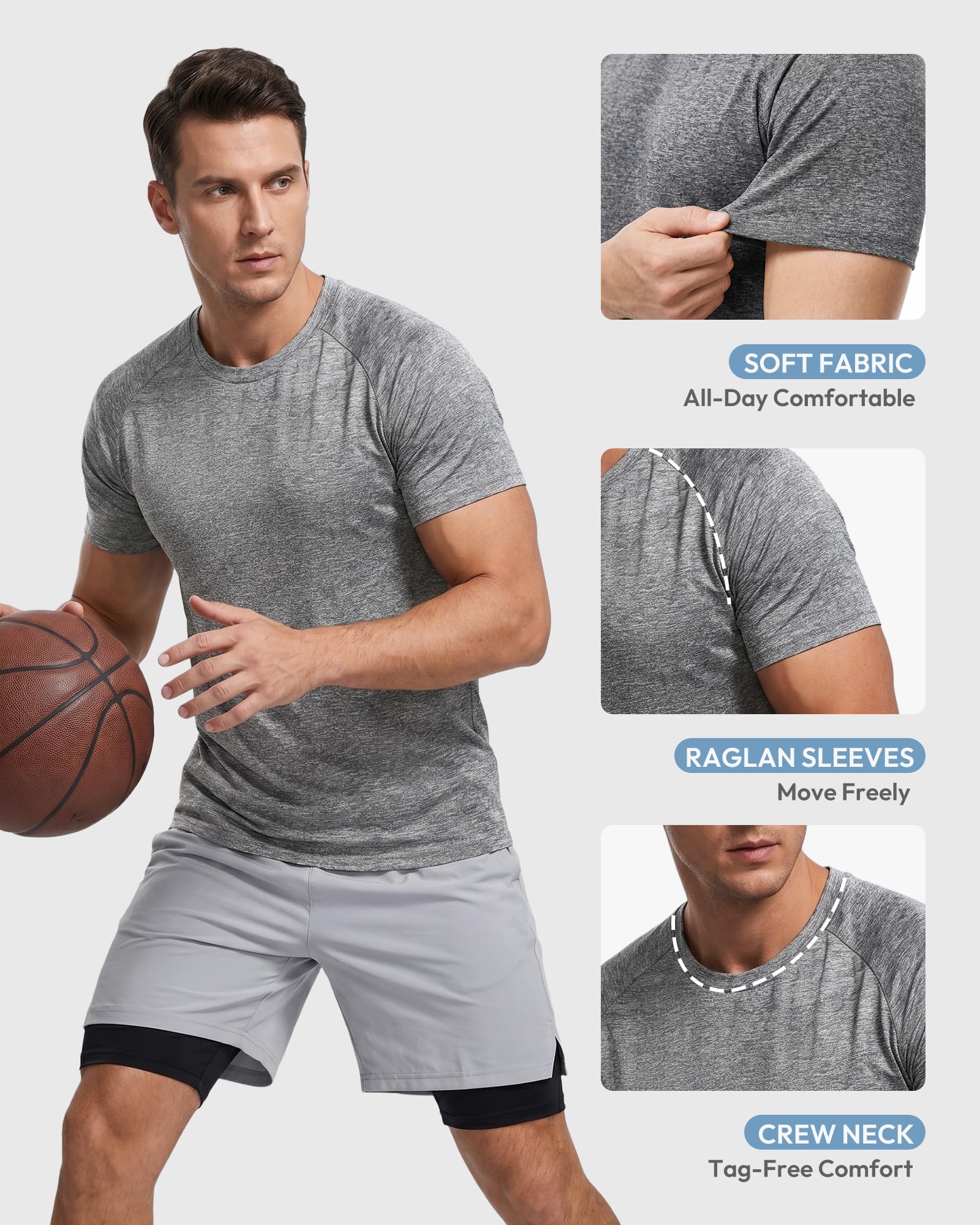 Camisetas de entrenamiento para hombre, manga corta, secado rápido, atlético, gimnasio, activo, absorbe la humedad | Absorbe la humedad, ligera, transpirable, atlética, activa, correr, casual, paquete múltiple