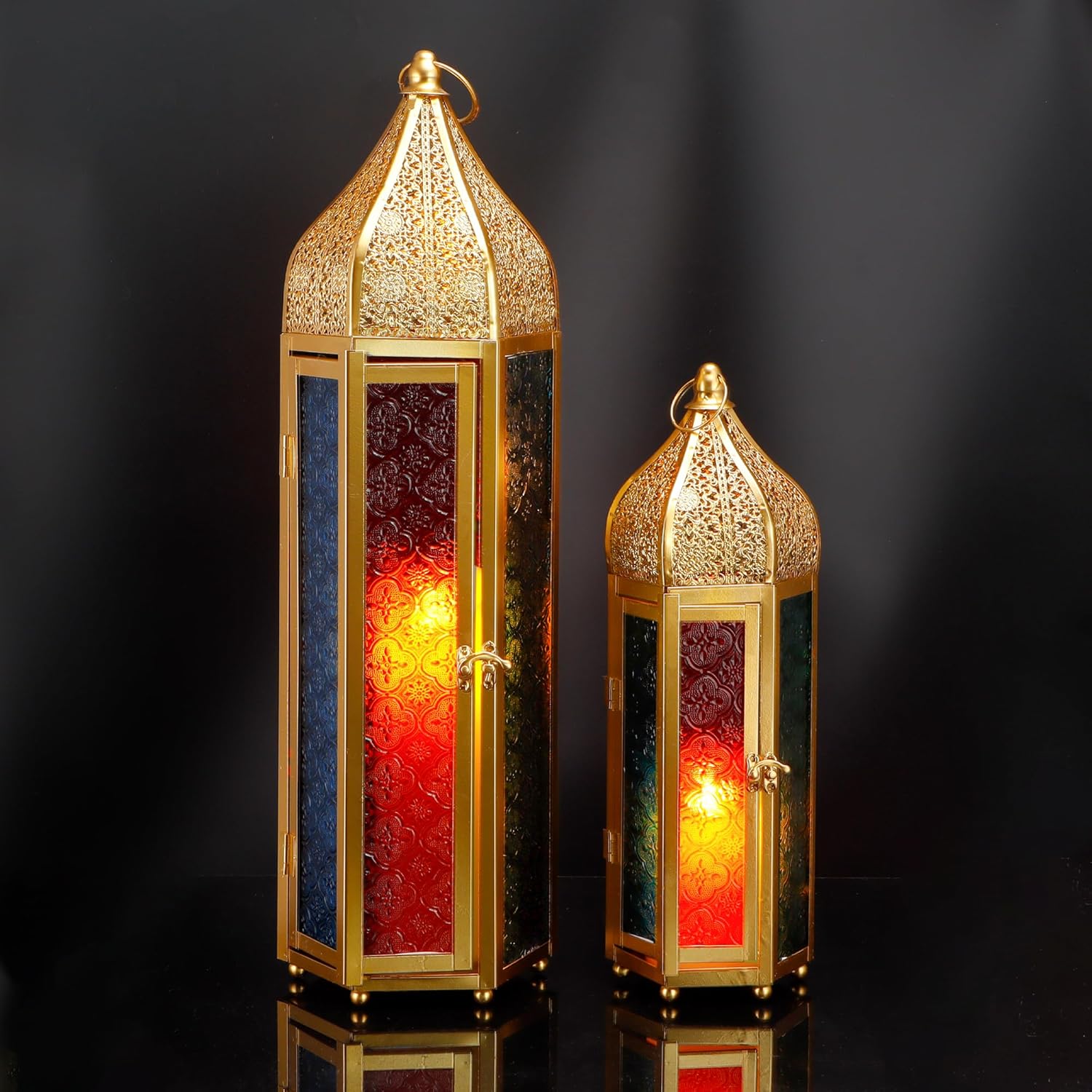 TRIROCKS Set of 2 Moroccan Candle Lanterns 22.5''&15'' H Decorative Candle Holder Hanging Lanterns with Embossed Colored Tempered Glass Ramadan Decorations for Home Outdoor Indoor Patio Weddings(Gold) Hexagon
