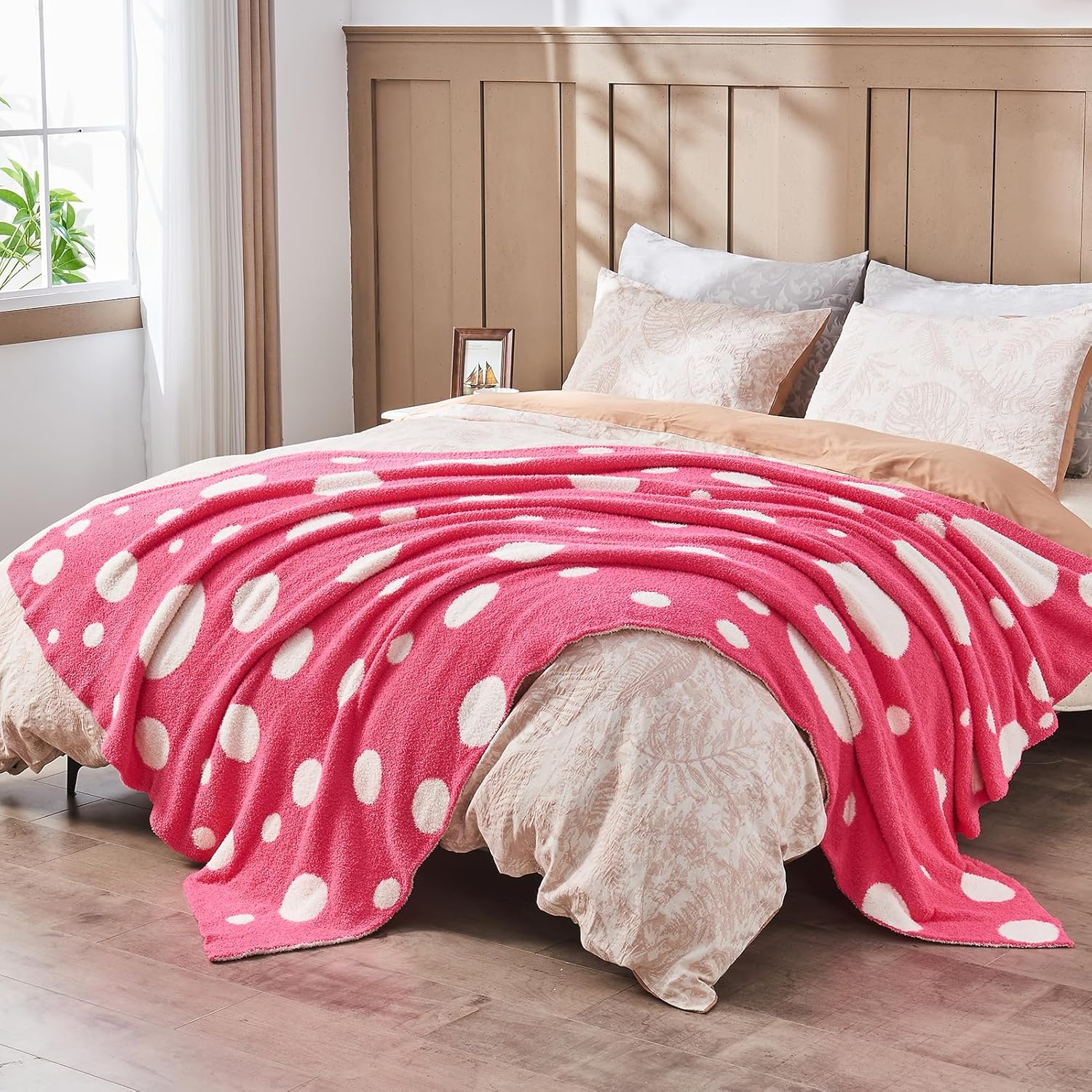 Douceur Polka Dot Throw Blanket for Couch Sofa Bed, Reversible Cozy Fluffy Super Soft Bedroom Blanket, Plush Hot Pink Throw Blanket for Girls Gift, 50×60 inches