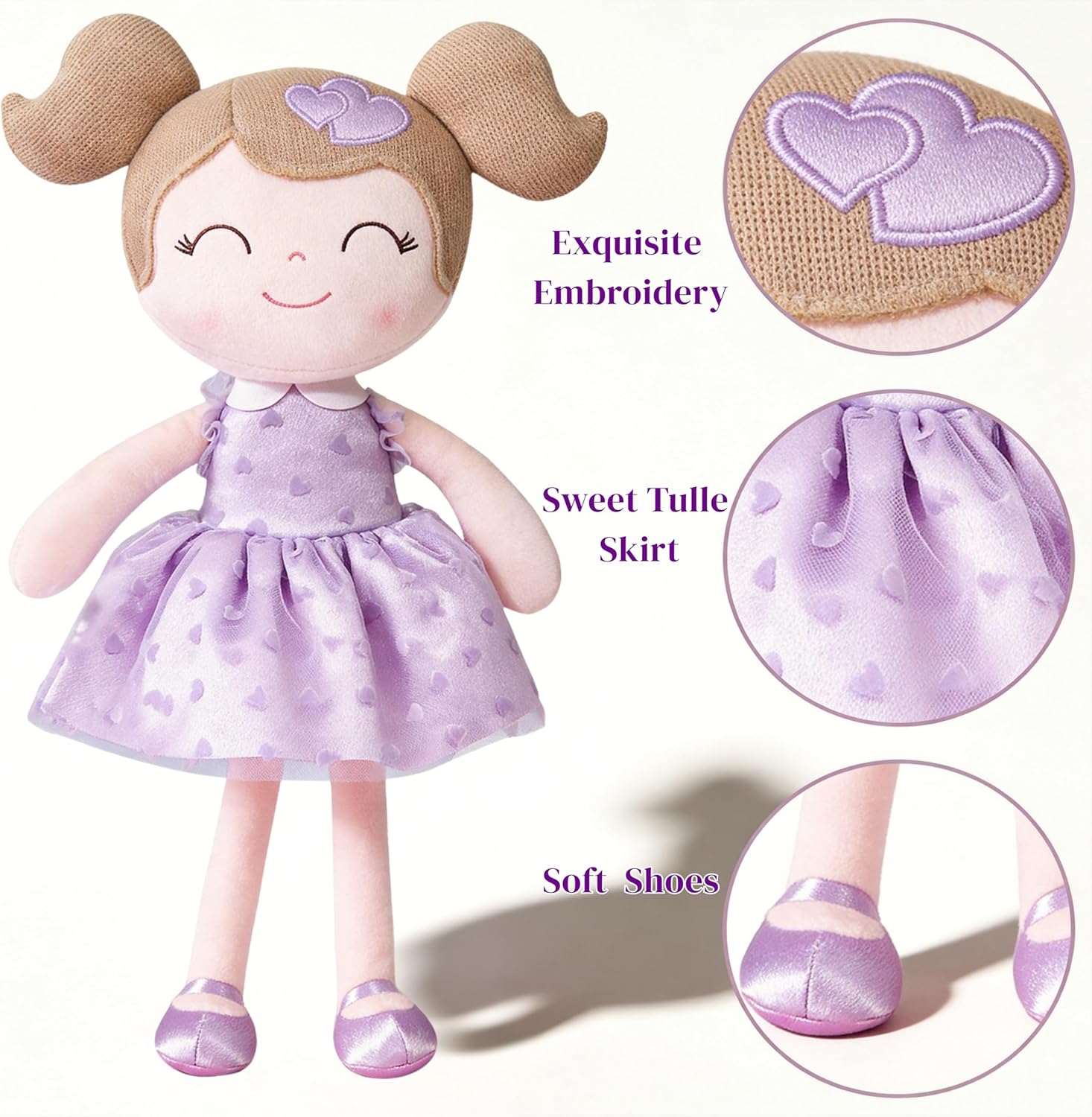 Gloveleya Baby Doll Valentines Day Gifts I Love You Gifts Soft Toy Plush Dolls Purple Flocking Heart Girl 16 Inches