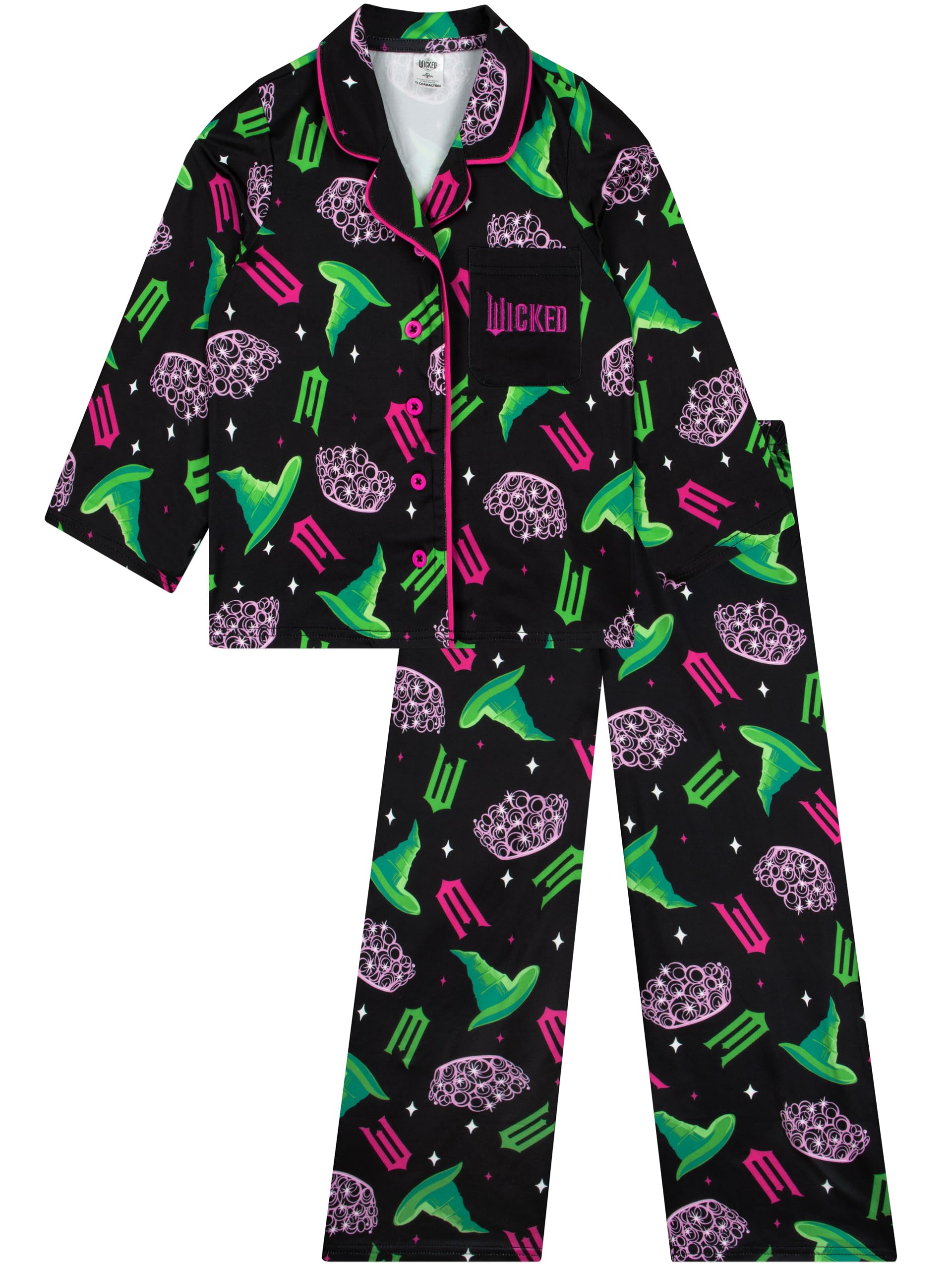 Wicked Pyjamas Elphaba And Glinda Button Front Pyjamas - Girls’ Pyjama Sets, Black, 4-5 Years