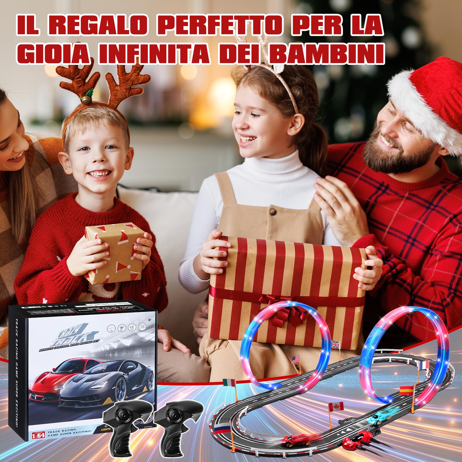 Piste Corsa Elettriche, Illuminato Pista Macchinine Piste Auto Bambini - 4 LED Macchine, Spina, 360° Cerchio, Comandi, Contatore, Piste Corsa Bambini 3 4 5 6 7 8 Anni Giocattoli Regali (S)