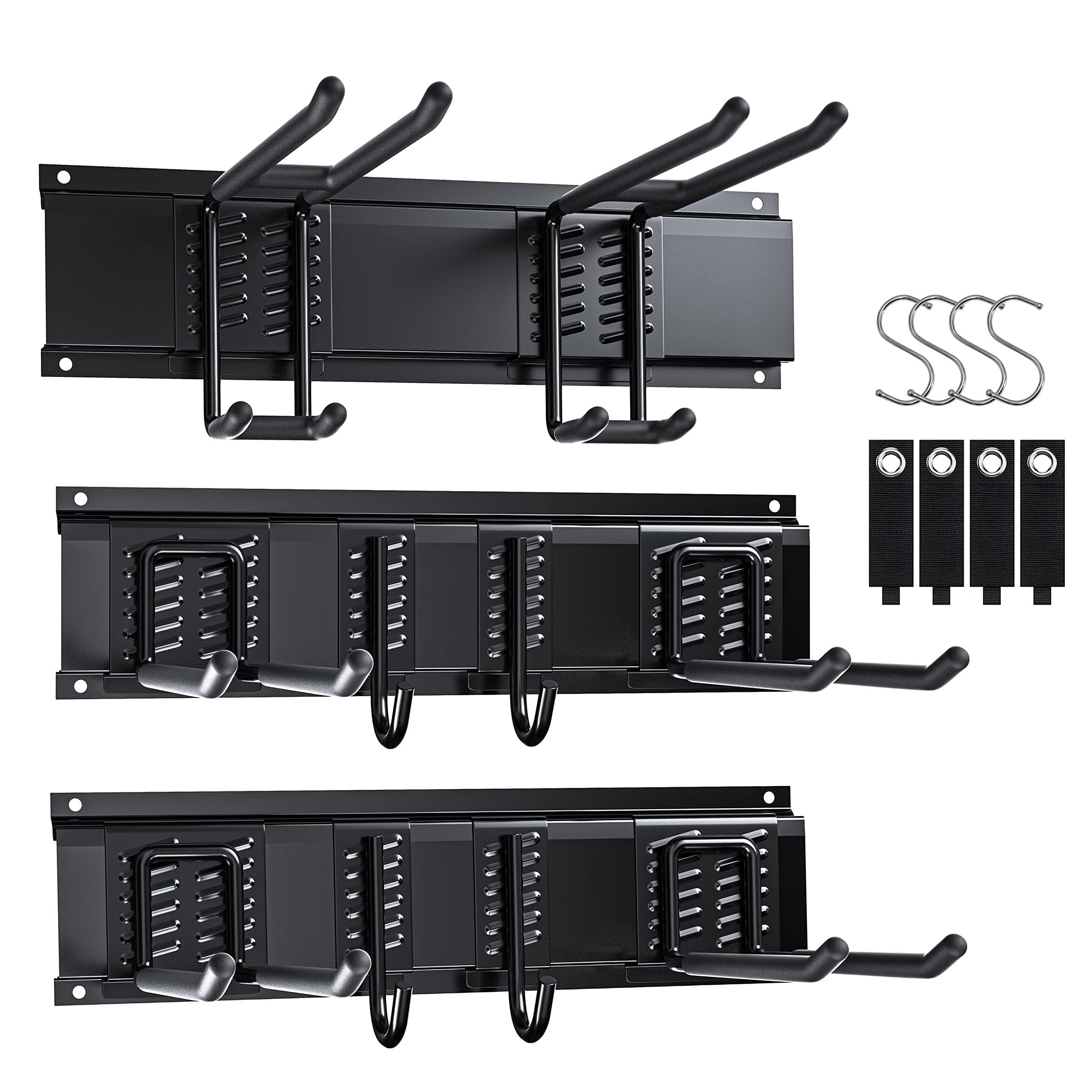 3-H Garage Aufbewahrung,120cm Einstellbar 10 Wandhaken Garagen und 4 S Haken für Gartengeräte,Werkzeughalter Wand Gartengerätehalter für Garage Keller Skiausrüstung Besen Stühl Rechen Schaufel Schwarz
