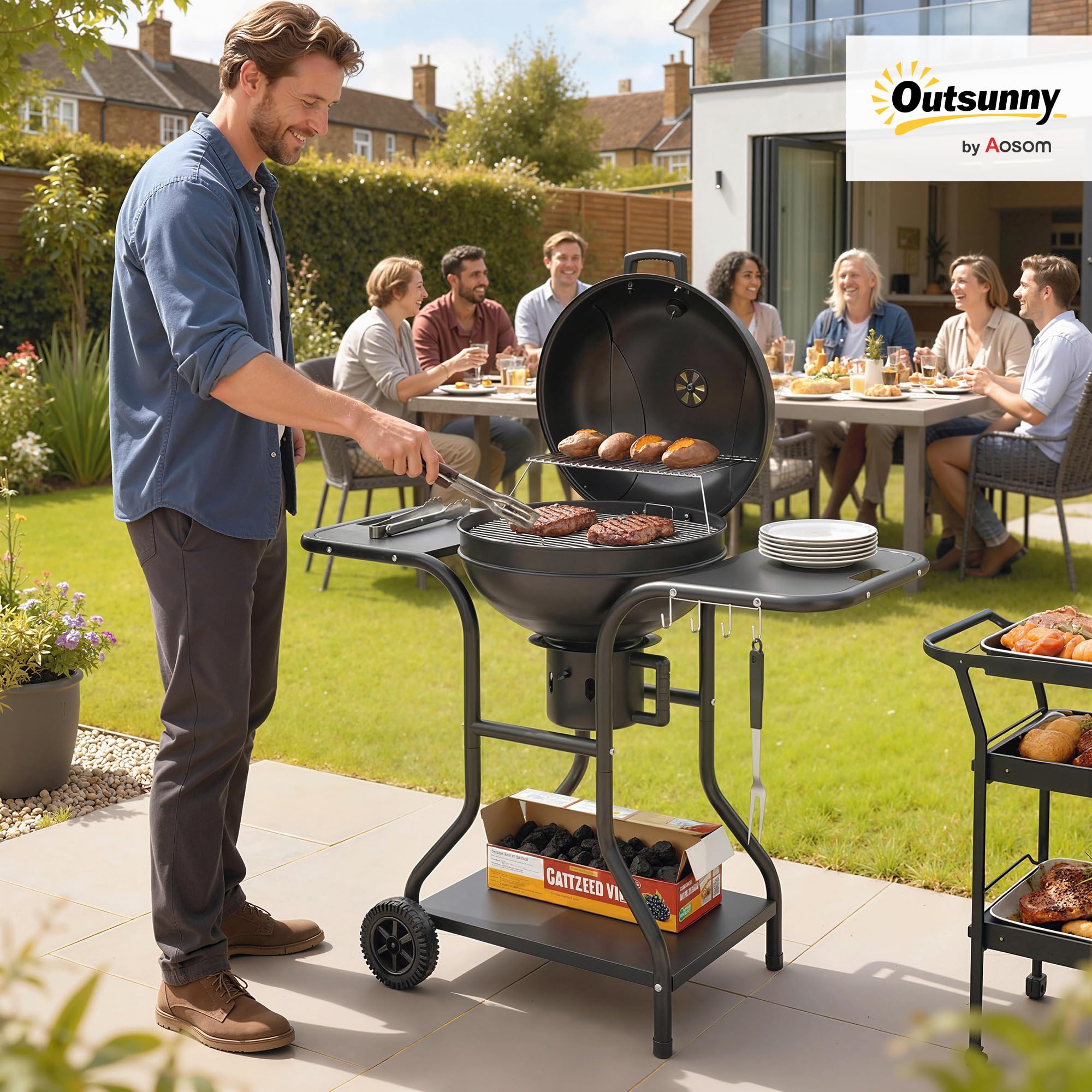 Outsunny Barbecue à charbon Rond avec couvercle Thermomètre Roues Noir | Barbecue Rond Extérieur, Tables Latérales, Étagère Inférieure, Jardin, Terrasse, Charbon De Bois