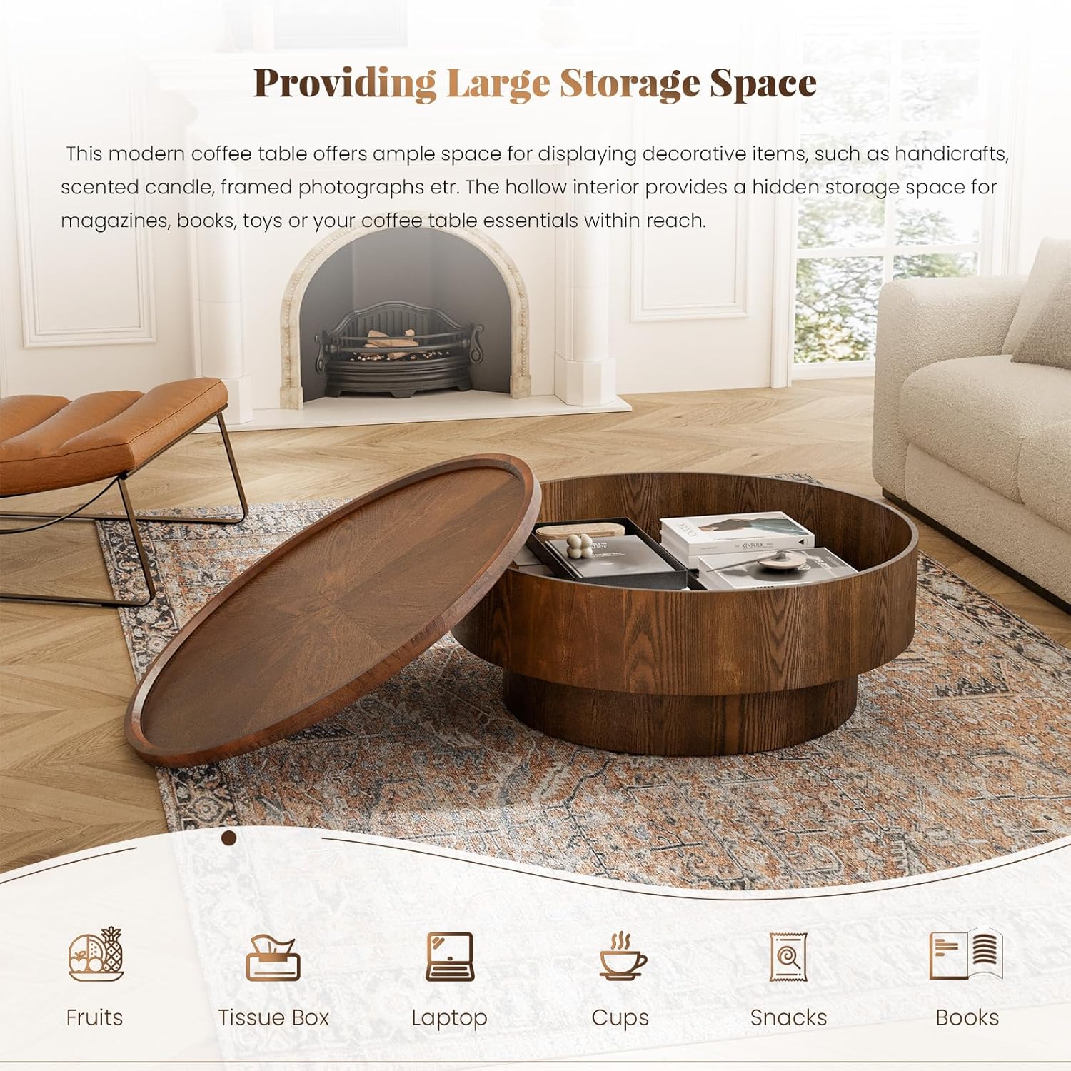 Round Wood Coffee Table with Storage, 30.7" Modern Circle Coffee Table with Removable Lid, Rustic Drum Center Table Handcraft Accent Table for Living Room Small Space Apartment Office (Brown)