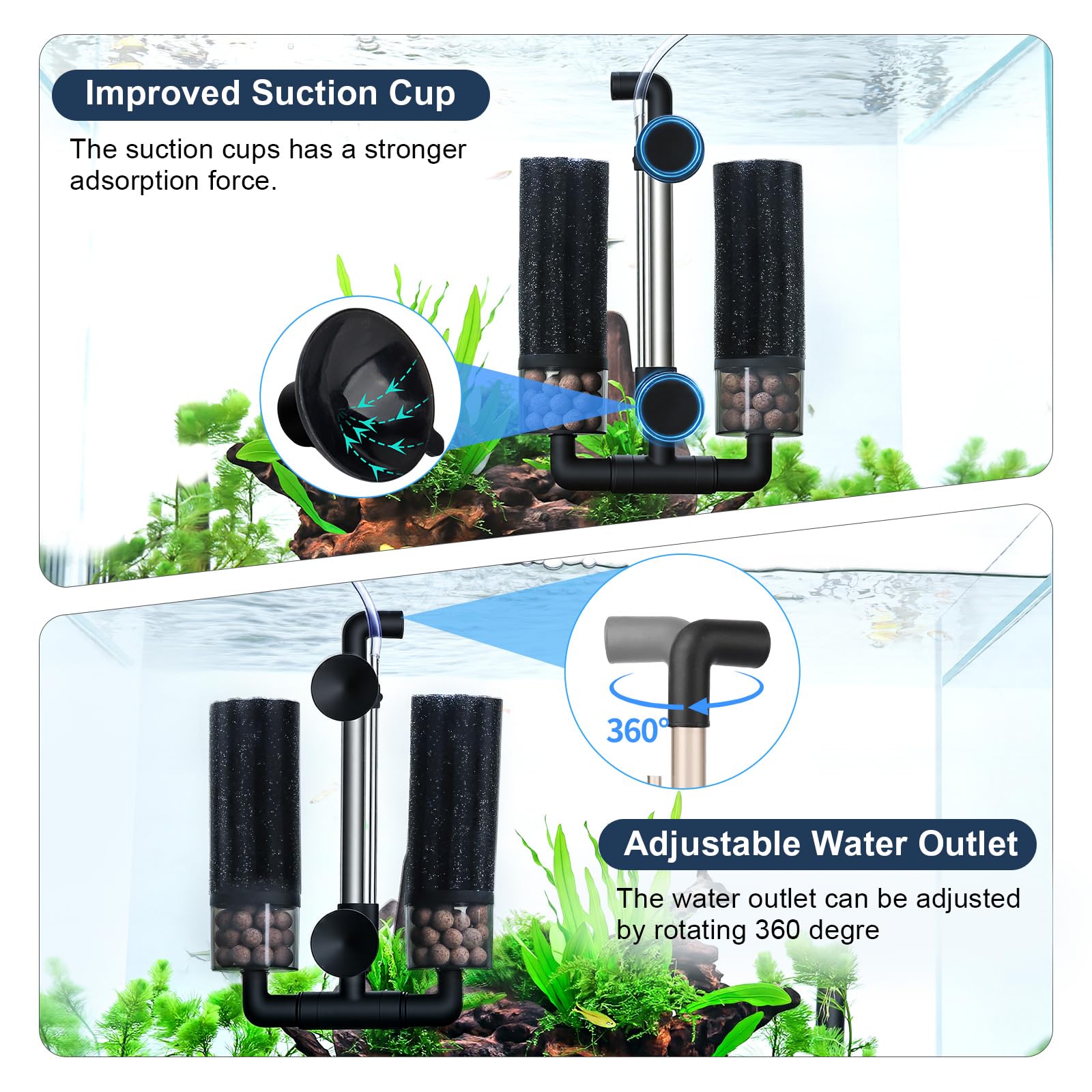 hygger Filtre à Double éponge pour Aquarium Amélioré avec Double Filtration, Pivotant et Clip Extensible Filtre à éponge Submersible d'eau Douce ou d'eau Salée Jusqu'à 208 litres
