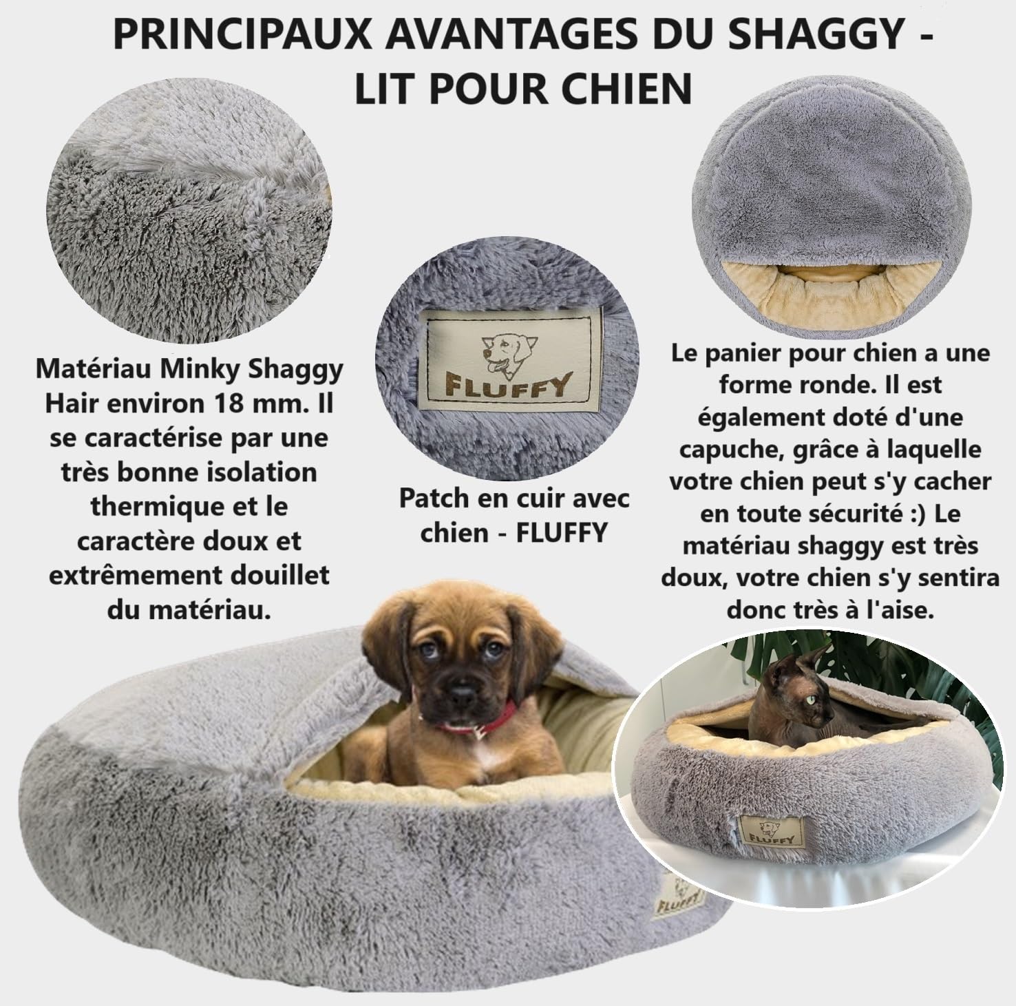KING DOG Lit apaisant d’intérieur en Peluche Moelleuse, Lavable, Calme l’anxiété, pour Chiens de Petite et Moyenne Taille de Moins de 10 kg, Doux et Chaud, L 80 cm, Gris