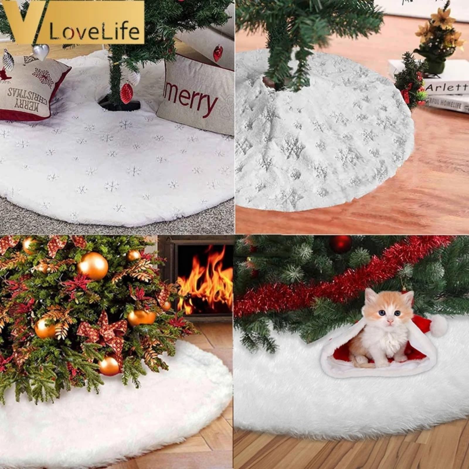 Jupe pour Sapin de Noël Or 90cm Blanche Flocon de Neige
