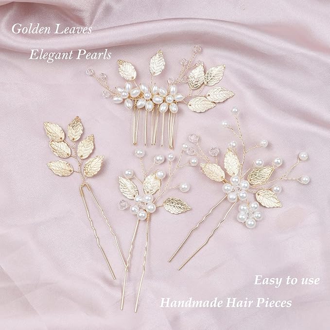 Bridal Wedding Hair Pins: Gold Leaf Crystal Pearl Hair Accessories