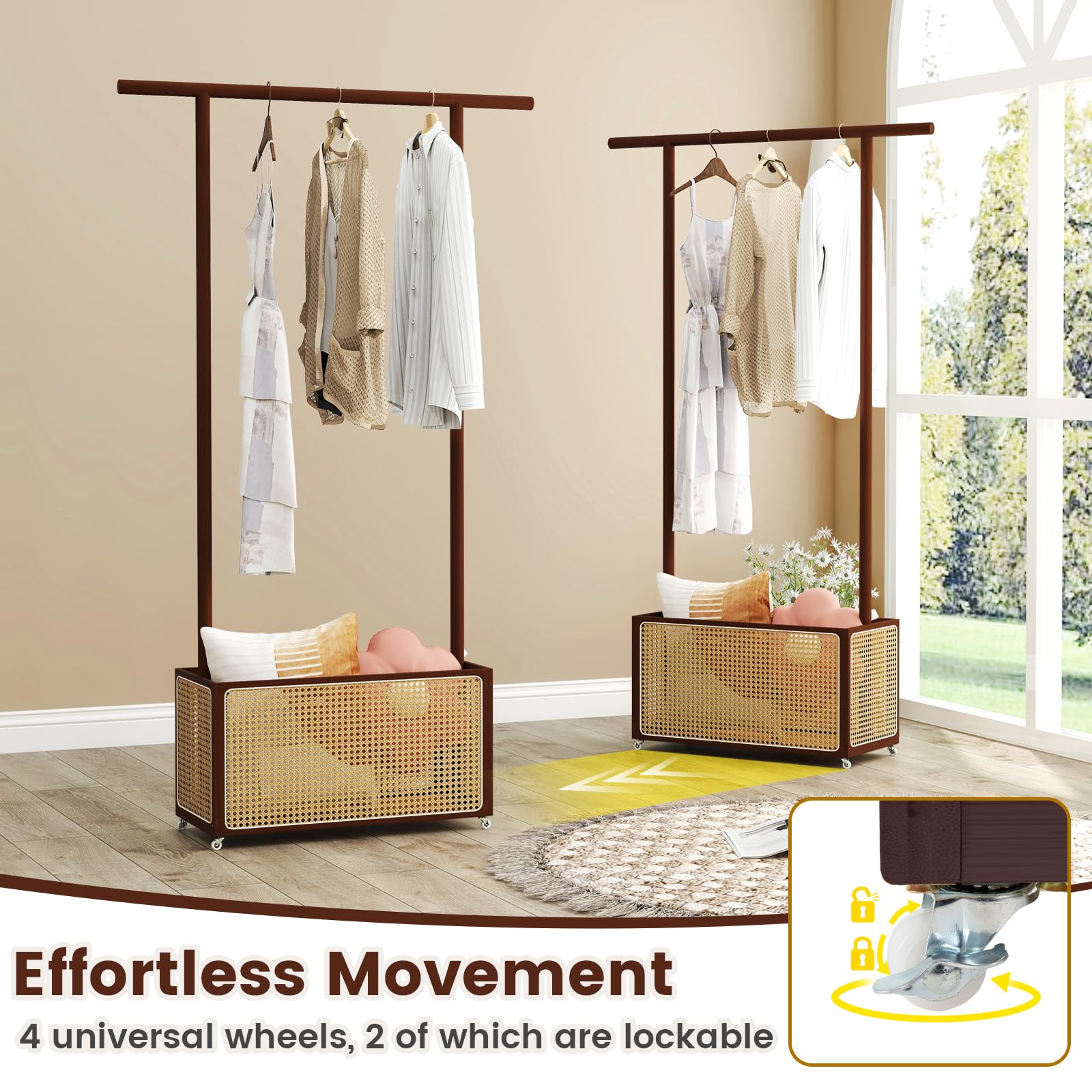 GIANTEX Burro Ropa con Ruedas, Perchero de Pie de Bambú con Cesta de Almacenamiento de Ratán y Barra de Colgar, Estilo Rústico, 100x32,5x172cm, Organizador de Ropa para Entrada, Dormitorio (Marrón)