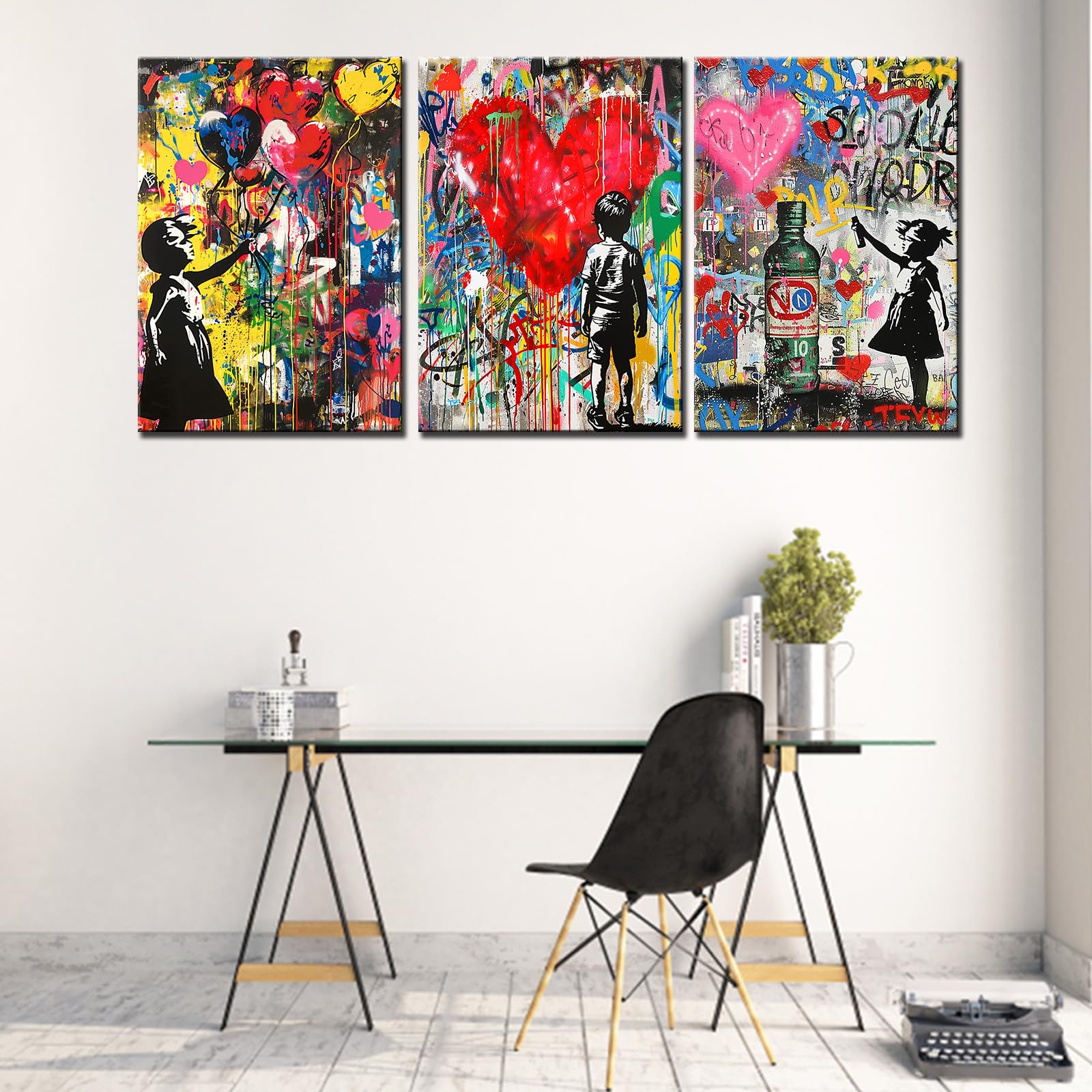 Tucocoo Room Wall Pictures Banksy Colorful Graffiti Paintings 3 Pcs Canvas Abstract Little Girl Balloon Modern Artwork Home Decor for Living Room Bedroom Office Framed Ready to Hang Gift 42''Wx20''H - Image 4