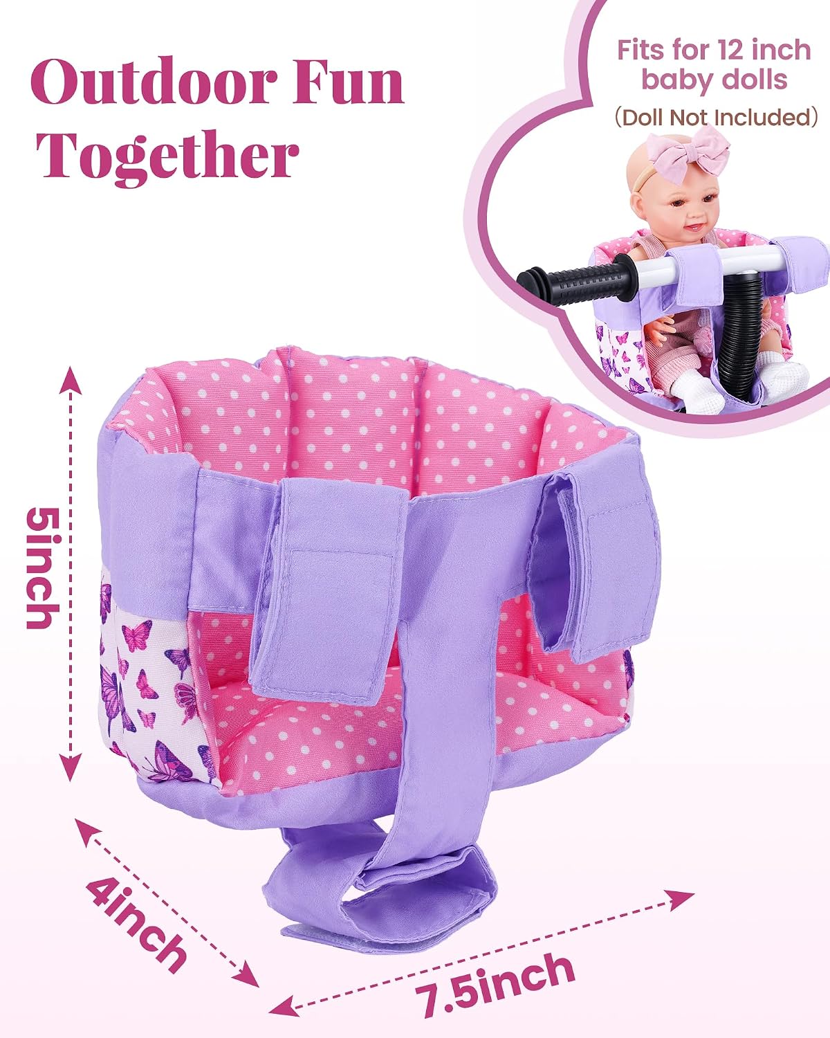 BABESIDE Doll Bike Seat for 12 Inch Dolls, Butterfly Doll Carrier for Kids Bike and Scooter, Baby Doll Accessories for Outdoor Play, Doll Bicycle Seat Gift for Girls Age 3+