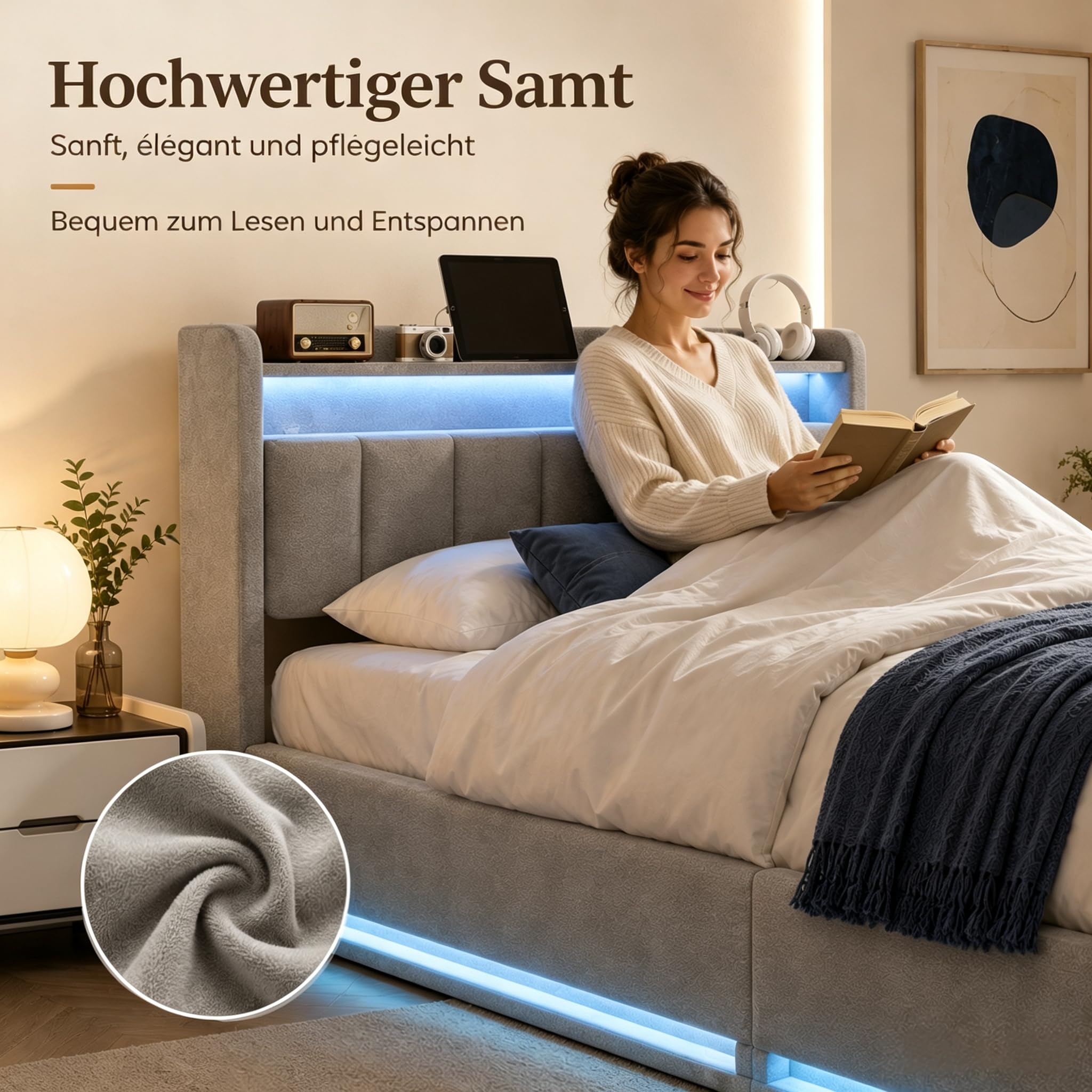 Letto Contenitore 90x200 con Sommier LED e USB,Letto per Ragazzi con Testiera Multifunzione e 2 Cassetti,Letti Singoli Imbottiti con Spazio di Archiviazione Idraulico,Grigio