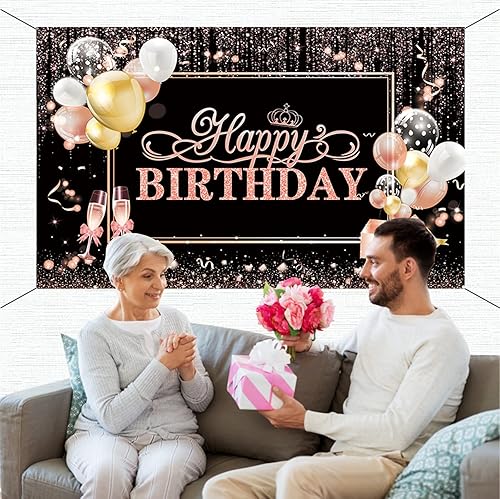 Miniatura 3 de Cartel de feliz cumpleaños de oro rosa y negro, 70.87 x 45.28 pulgadas, perfecto para decoración de habitaciones