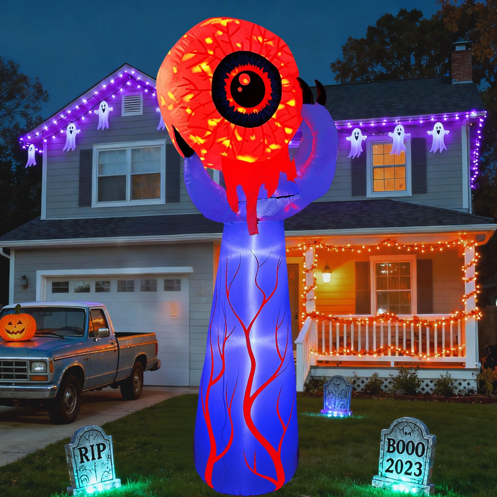 Halloween nadmuchiwane fioletowe dłoń potwora z krwawą gałką oczną - płomień LED, dekoracja na podwórko, upiorne dmuchanie na rekwizyty na imprezę nawiedzonego domu, dekoracja na Halloween