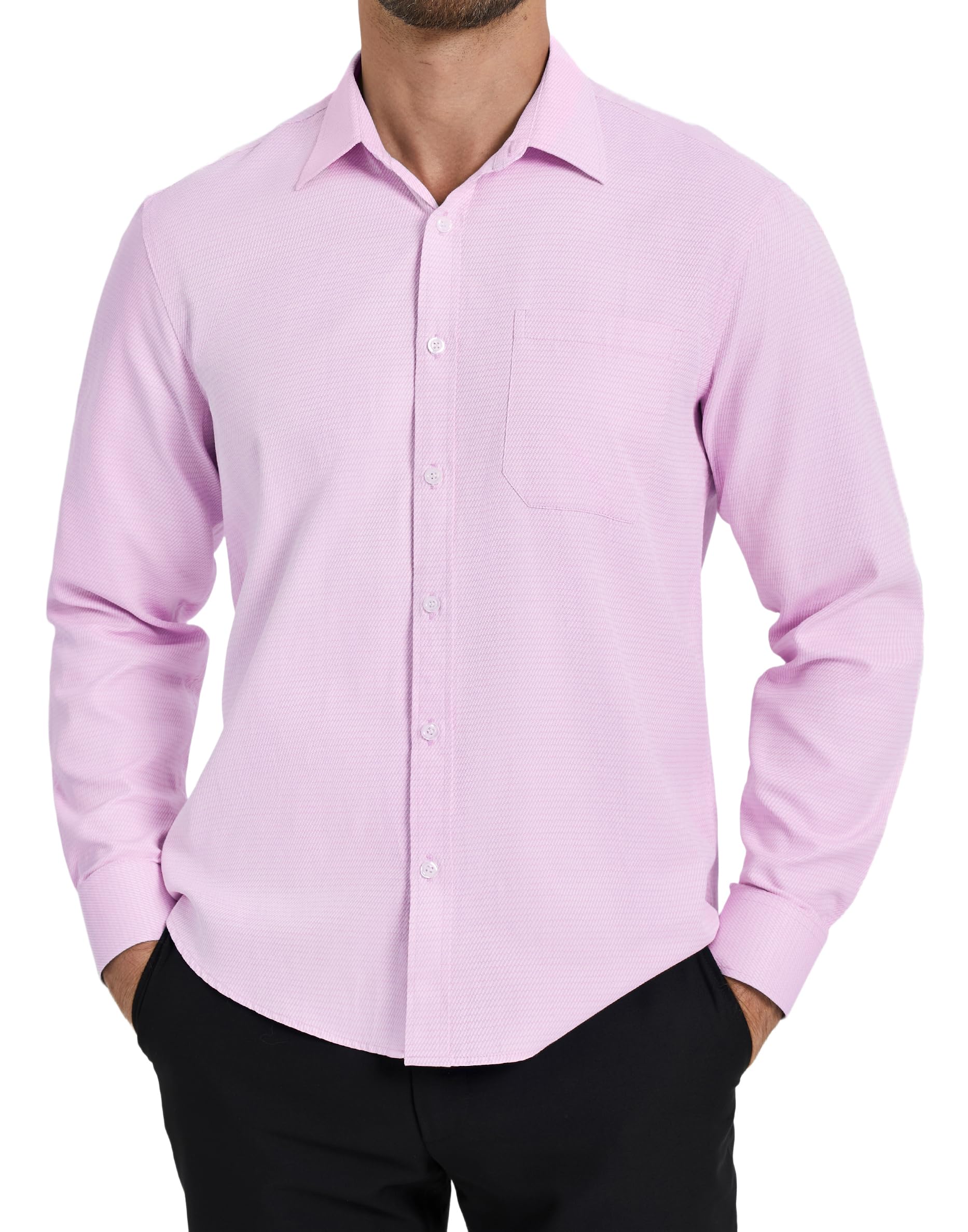 HISDERN Herren Businesshemden Langarm Rosa Formelle Freizeithemd Regular Fit Businesshemden mit Tasche L