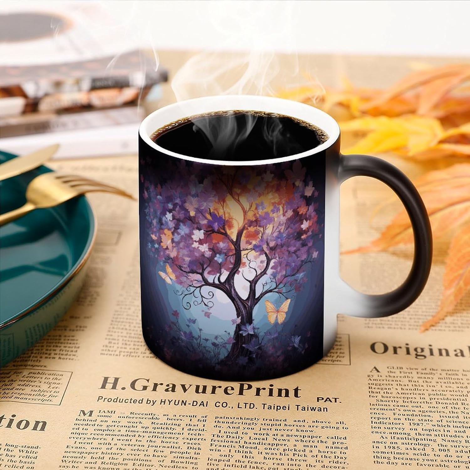 Color Changing Mug Flower Butterfly Tree Printed Ceramic Coffee Mug Heat Changing Sensitive Mug Magic Heat Changing Coffee Mug Novelty Coffee Mugs