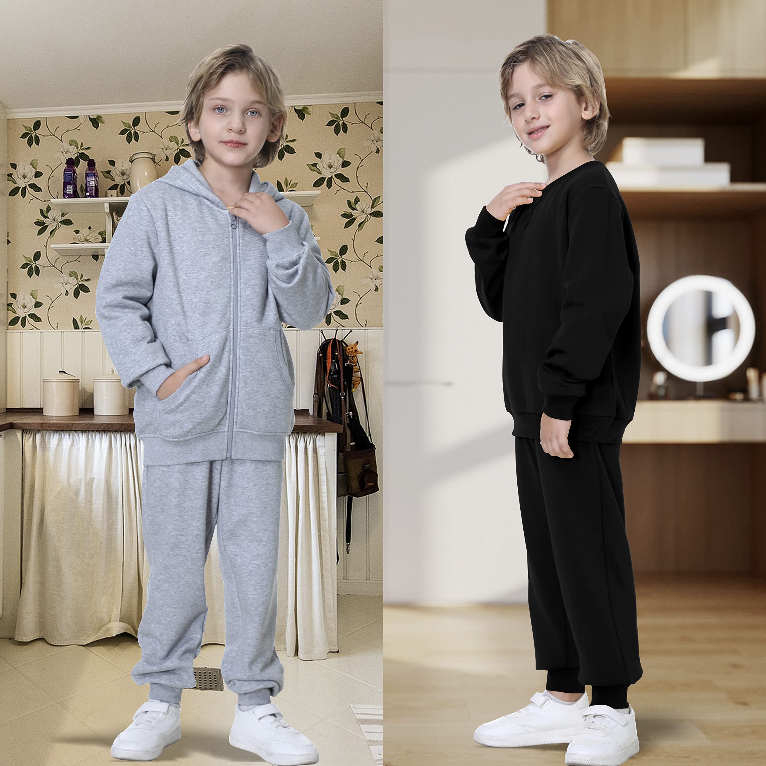 UNACOO Kid's Fleece Sweatpants Girl's and Boy's Active Basic Jogger Pants (Black, s(5-6 Years))