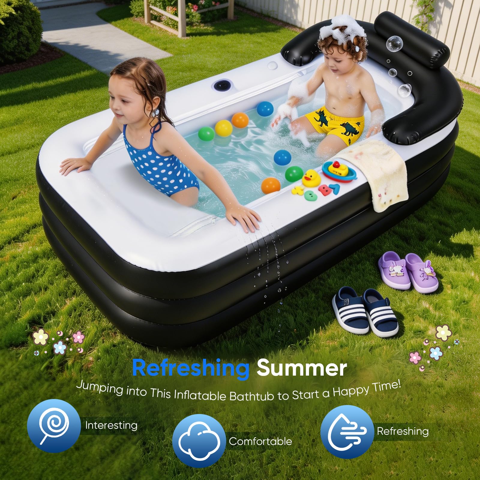 Bañera Adulto Portátil, 3 Min Inflación Rápida con Bomba Eléctrica, Bañera Hinchable Plegable con Tapa Aislante, Reposacabezas en U, Soporte para Vasos, Para Jardín Camping Baño, Negro-Blanco