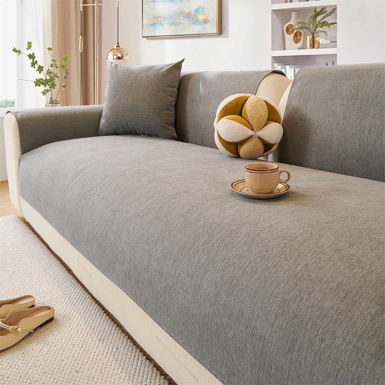 LINGKY Soft Chenille Sofa Covers Washable - Sofa Cushion Covers, Non-Slip Sofa Cover 1 2 3 Seater, Couch Covers for Sectional Sofa, Sofa Slipcovers L Shape Furniture Protector (Dove Gray,110x180cm)