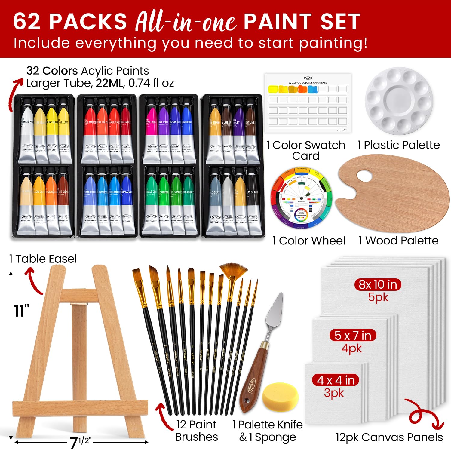 ARTALLY Juego de pintura acrílica para adultos y niños, 62 piezas, kits de pintura en lienzo, pintura acrílica de 32 colores (22 ml), caballete de mesa, pinceles, lienzo, kit de suministros de pintura