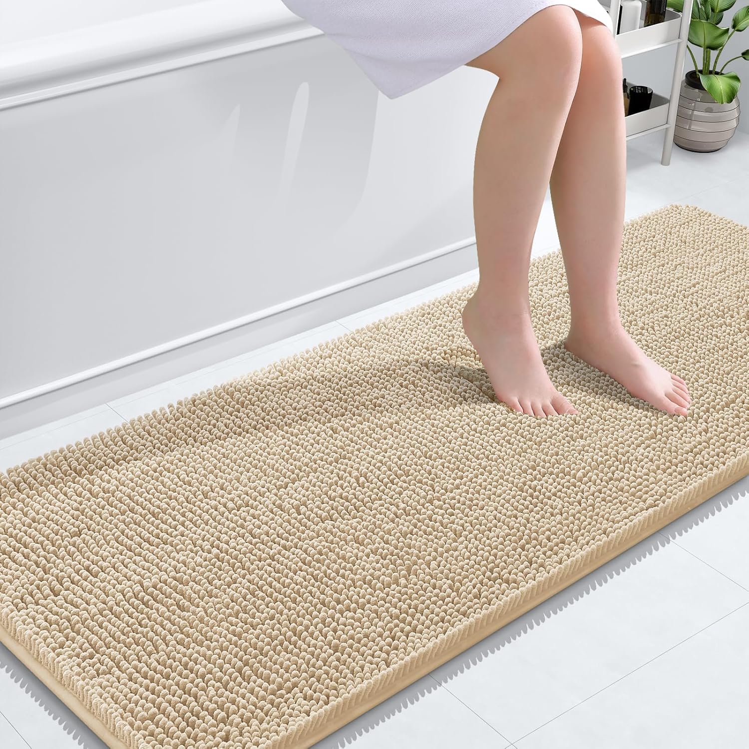 OLANLY Bathroom Rugs 59x24, Extra Soft Absorbent Chenille Bath Rugs, Rubber Backing Quick Dry, Machine Washable Bath Mats for Bathroom Floor, Tub and Shower, Home Decor Accessories, Beige Beige 59" x 24"