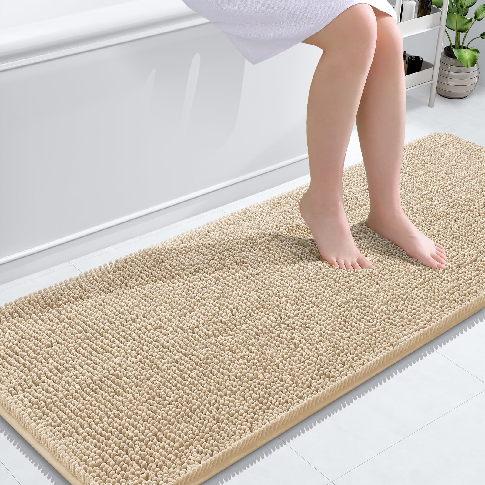 OLANLY Bathroom Rugs 59x24, Extra Soft Absorbent Chenille Bath Rugs, Rubber Backing Quick Dry, Machine Washable Bath Mats for Bathroom Floor, Tub and Shower, Home Decor Accessories, Beige