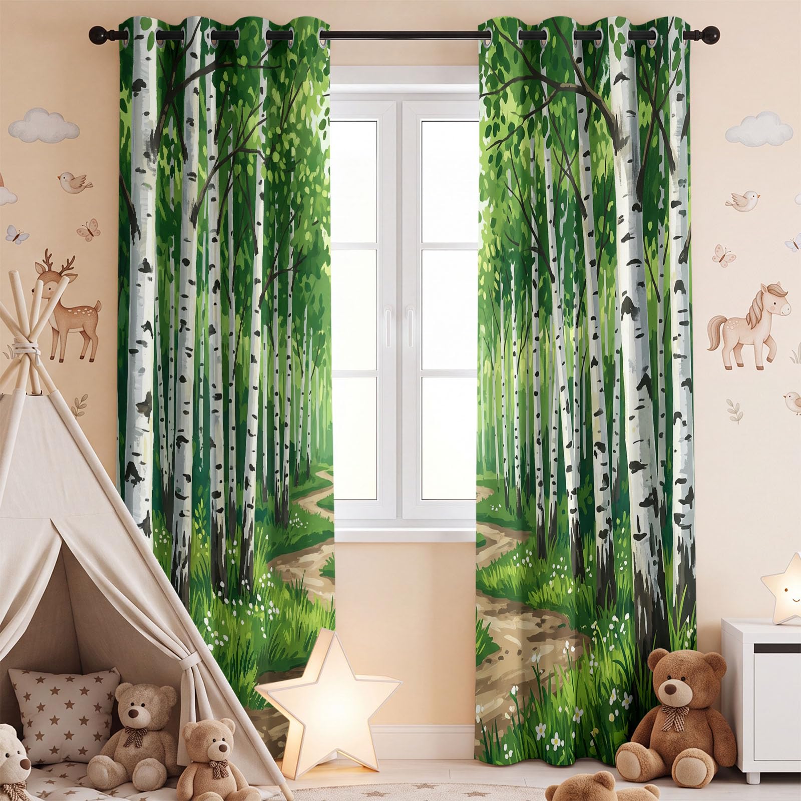 Générique Rideau Occultant Naturel Frais 135 x 245 CM, Forêt Bouleau Rideaux et Draperies pour Enfants Filles Chambre Salon Rideaux de Fenêtre Thermiques Isolants