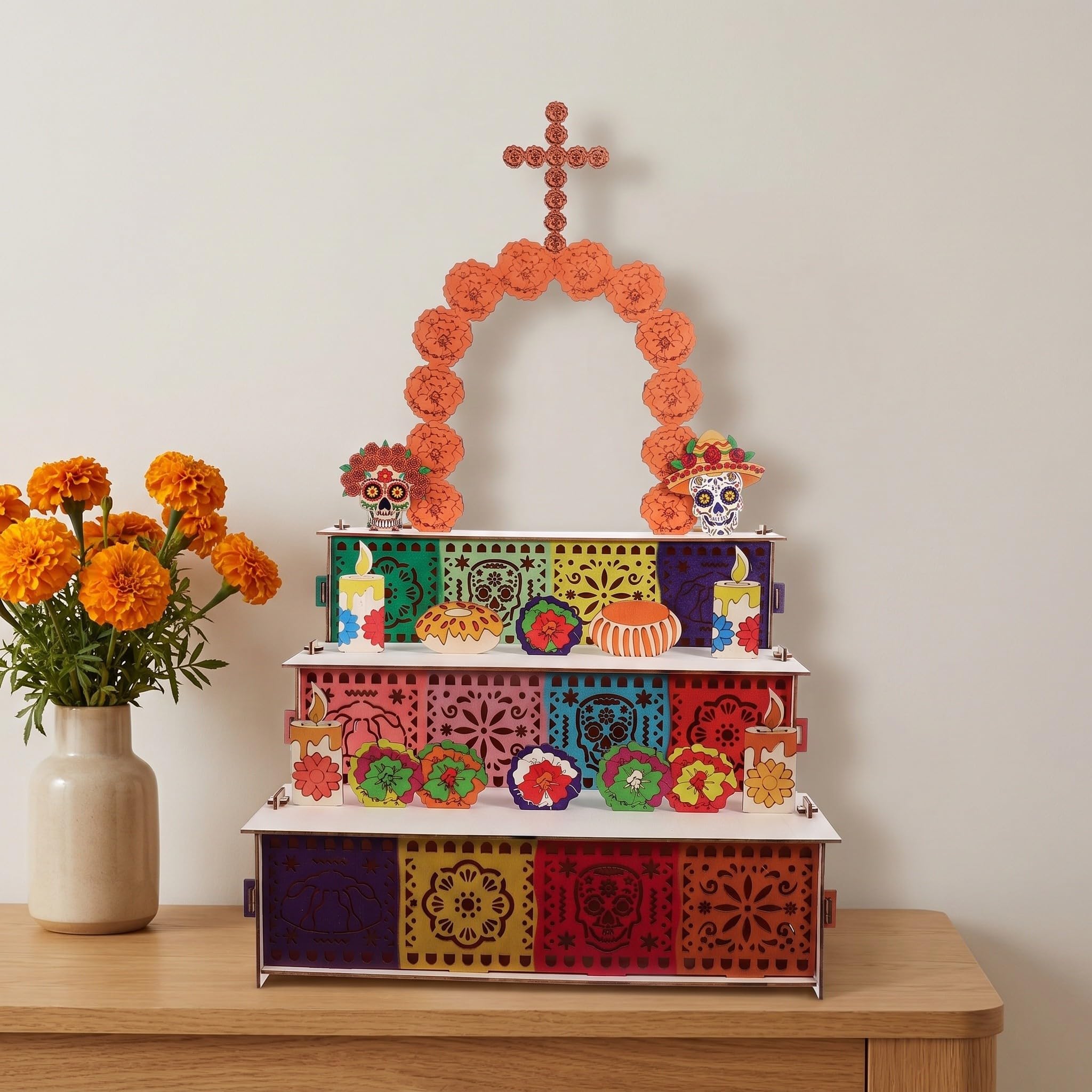 iplusmile Kit de Ofrenda Día de Muertos de Madera de Decoración Tradicional con Calavera de Azúcar y Picado para Recuerdos y Centro de Mesa