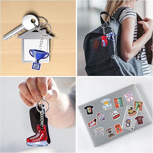 Miniatura 4 de Zxvskr Recuerdos de fiesta de hockey, incluye 27 llaveros de hockey, 100 calcomanías de hockey para niños, decoración de fiesta temática deportiva