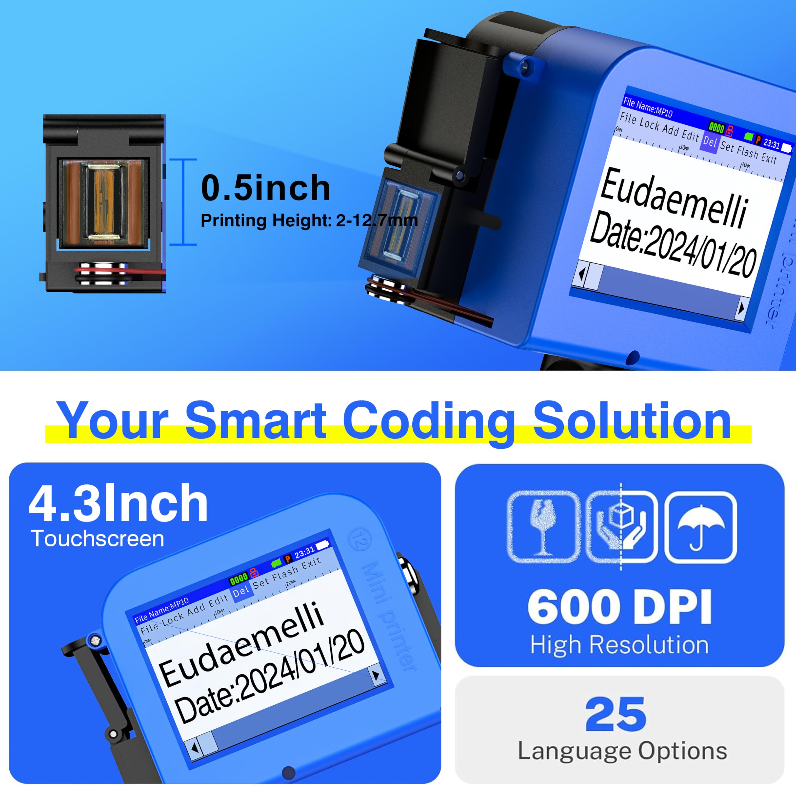 Imprimante à Jet d'encre Portable MINI127 - Mini Jet d'encre Industriel pour Texte, Logo, Code QR, Code-Barres, Date, Numéro de Lot, Série sur Carton, Métal, Plastique, Céramique (2-12,7 mm)