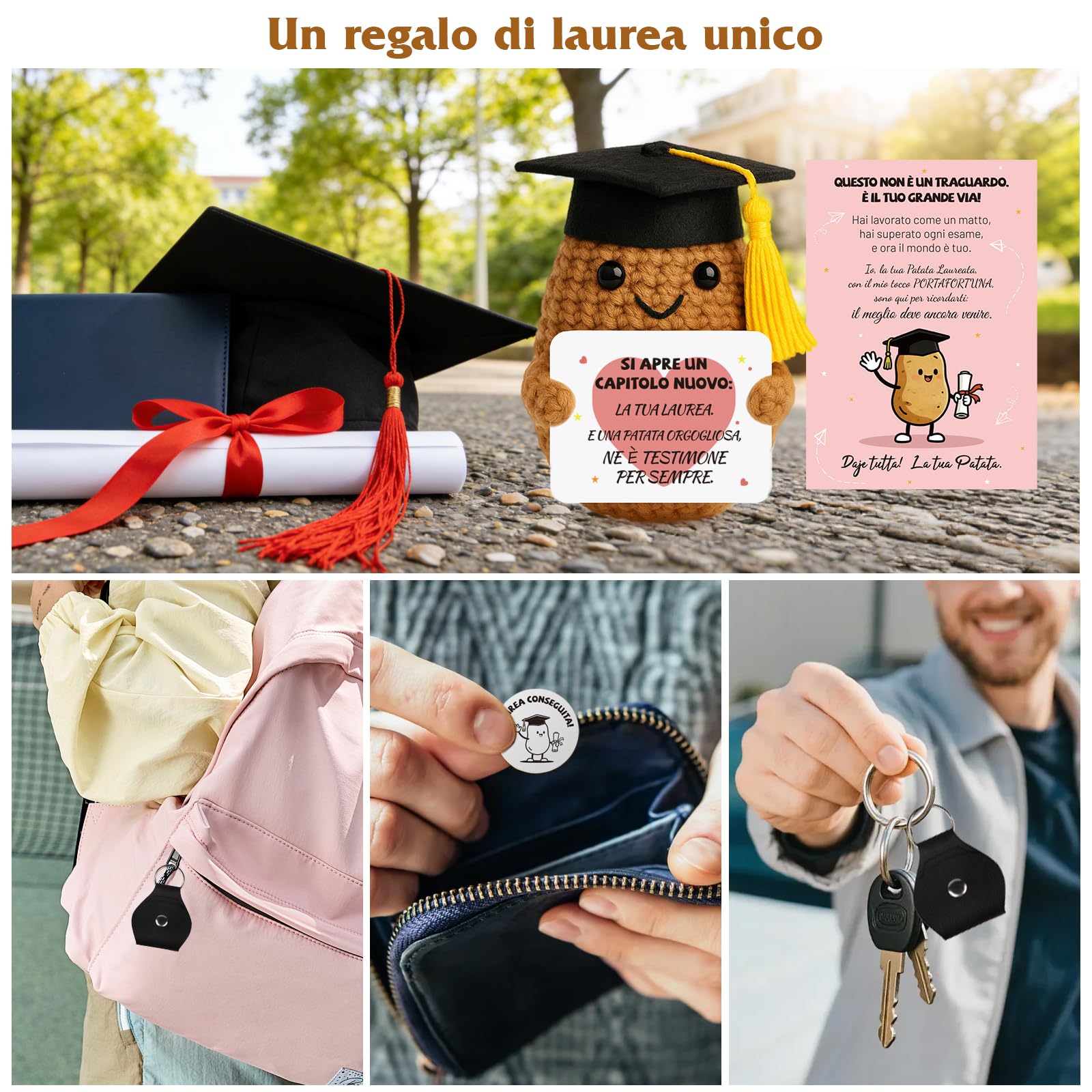 Regalo Laurea Patata Incoraggiante all'Uncinetto a Mano - Pocket Hug Patata Fortunata con Portafortuna Esami e Biglietto di Auguri, Regali Laurea Originali per Donna Uomo