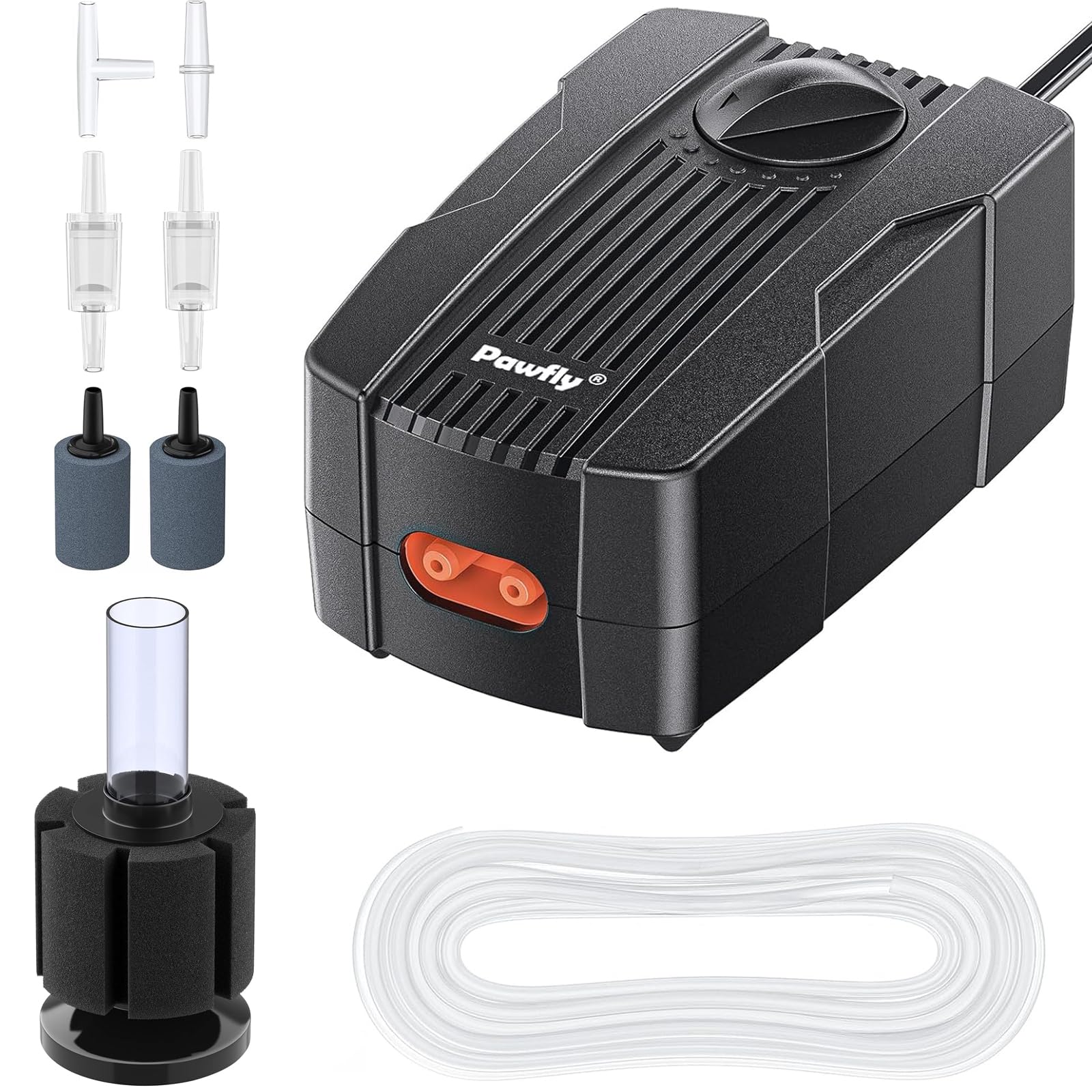 Pawfly 50 GPH Aquarium Air Pump for 10-60 Gallon Fish Tanks Dual Outlet Adjustable Ultra Quiet Aerator Pump with Airline Tubing, Air Stones Connectors