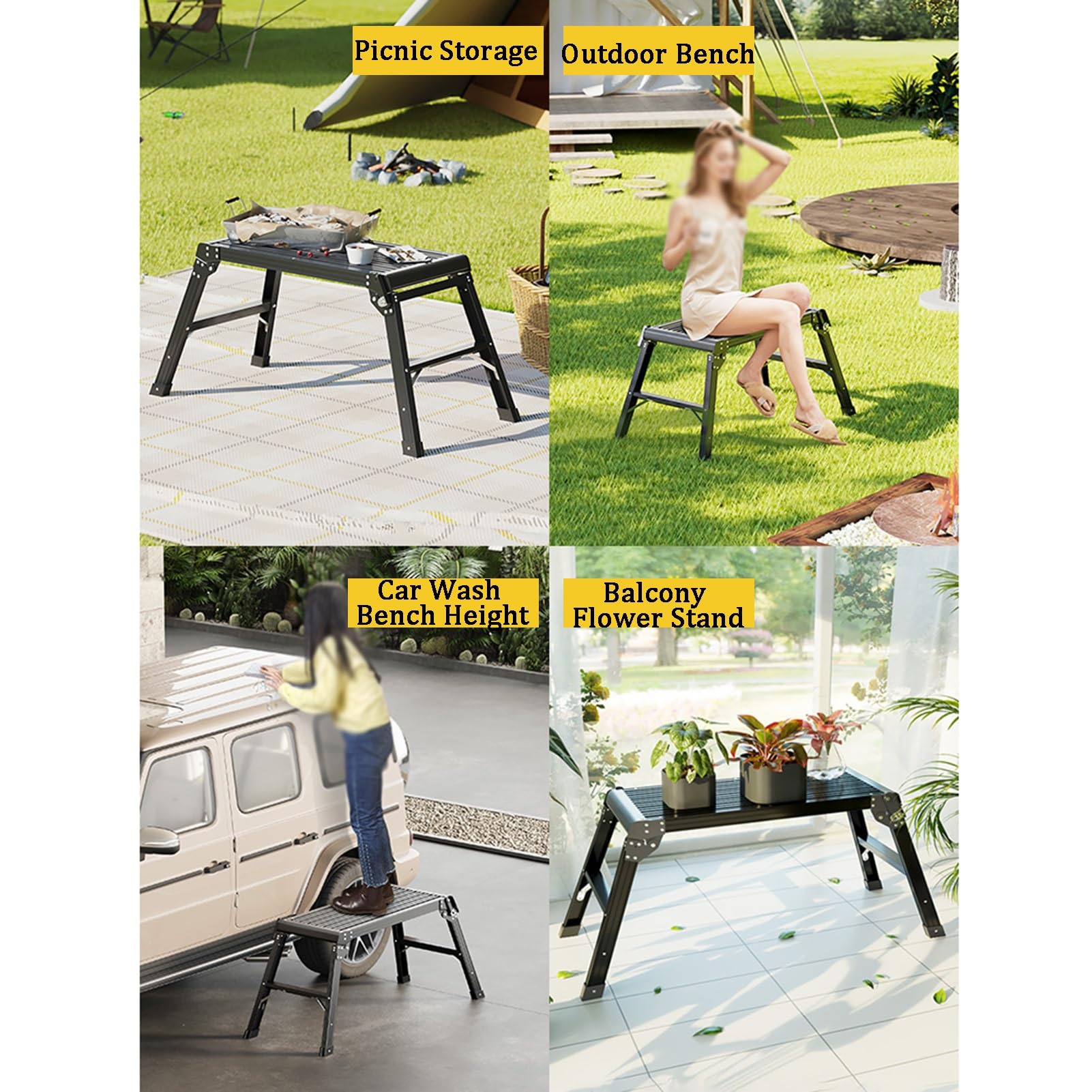 Taburete plegable de plataforma de trabajo de aluminio, resistente, capacidad de 150 kg para escalada en coche, picnic, uso al aire libre, andamio portátil