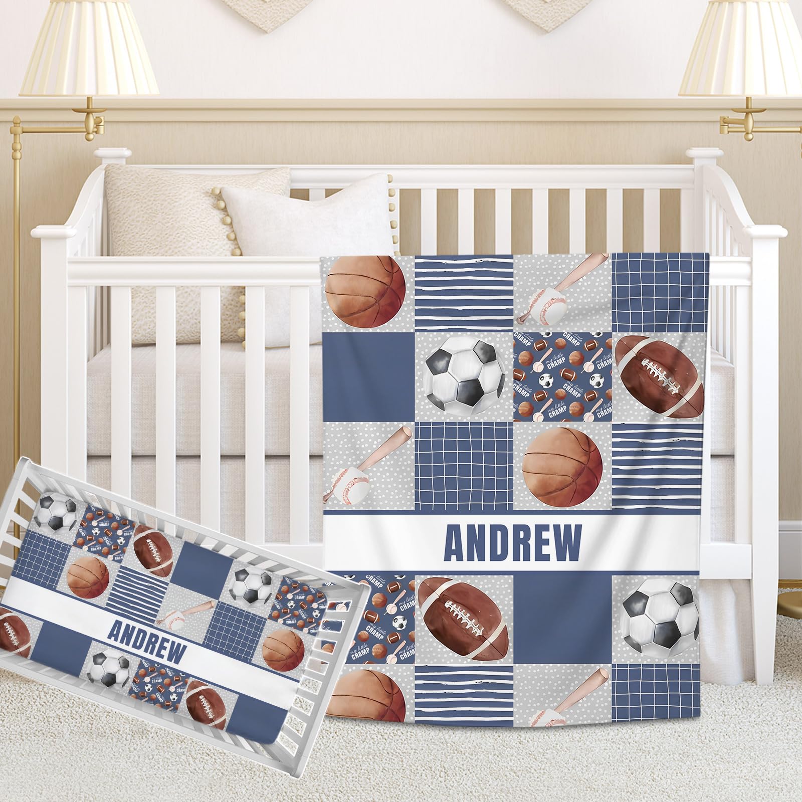 Noverbibi Personalized Baby Crib Bedding Sets for Boys Girls, Custom Crib Bedding Set with Name, 2 Piece Sports Theme Nursery Bedding, Name Crib Comforter, Crib Fitted Sheets for Newborn Babies