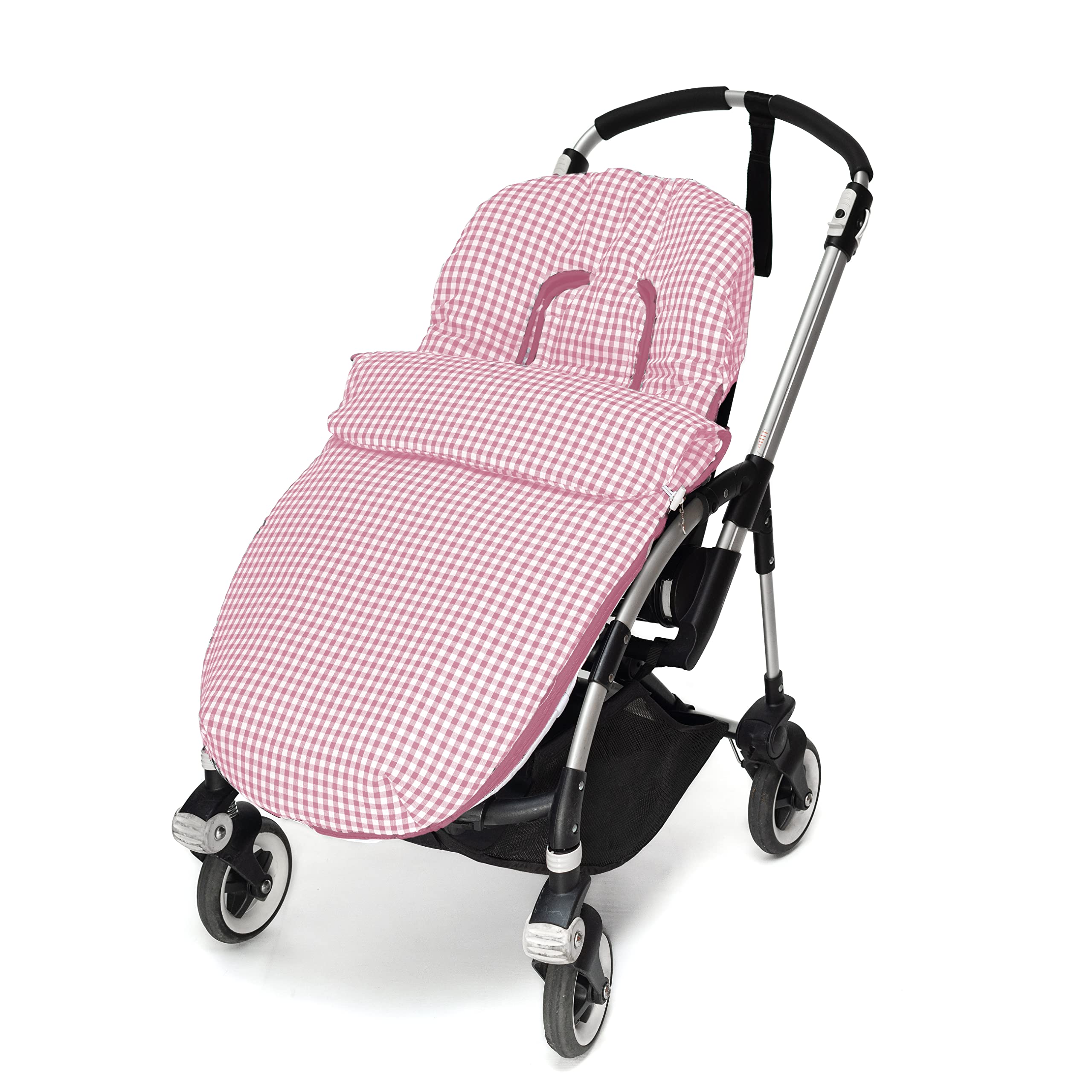 Conjunto de Saco Silla de paseo Universal + Bolso Panera Personalizada – Conjunto Saco Universal + Talega o bolsa para carrito bordada con nombre – Vichy Rosa maquillaje – Nenel