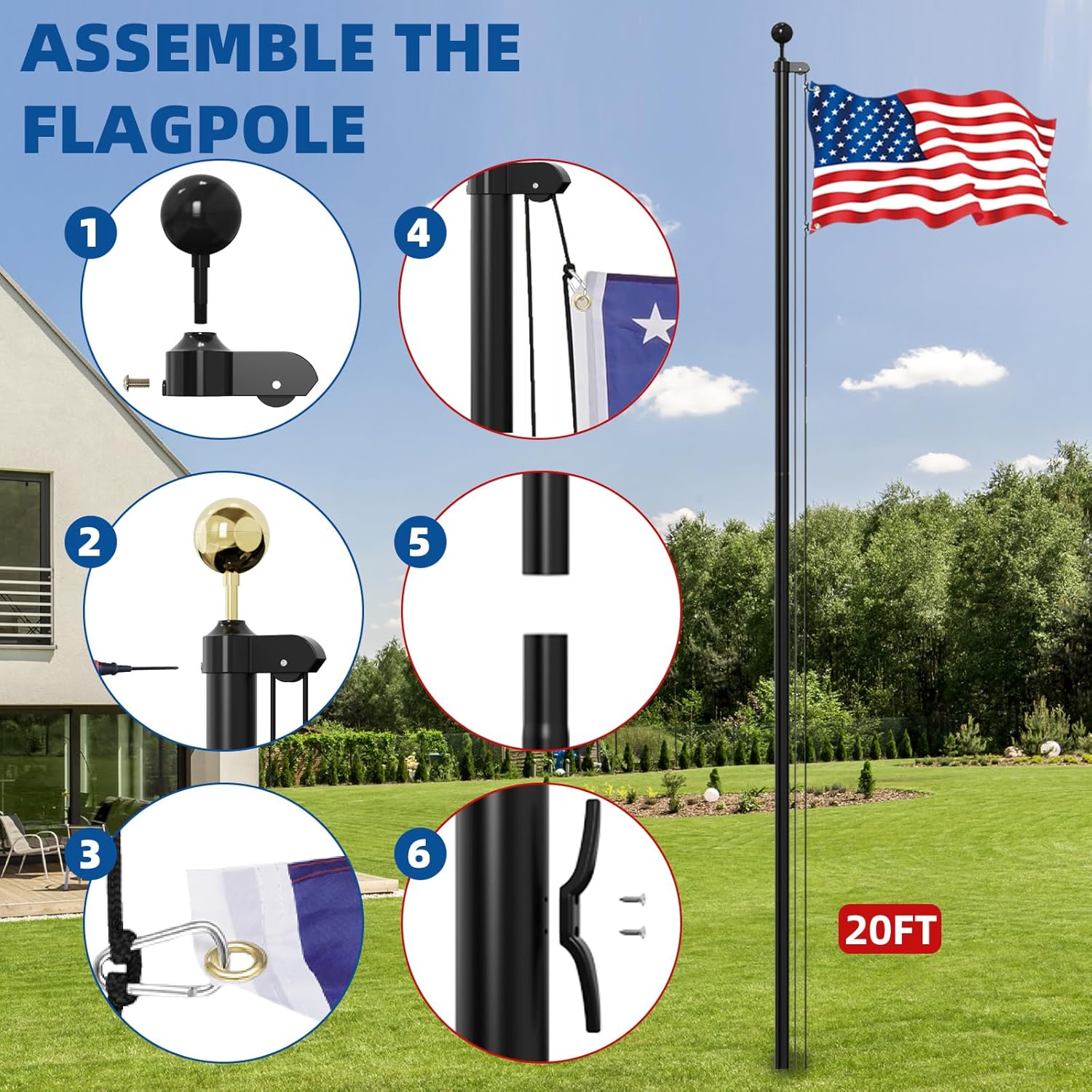 20 FT 14 Gauge Heavy Duty Flag Pole for Outside In Ground, Extra Thick Flagpole Kit for Yard, Outdoor Flag Poles with 3x5 American Flag for Residential or Commercial