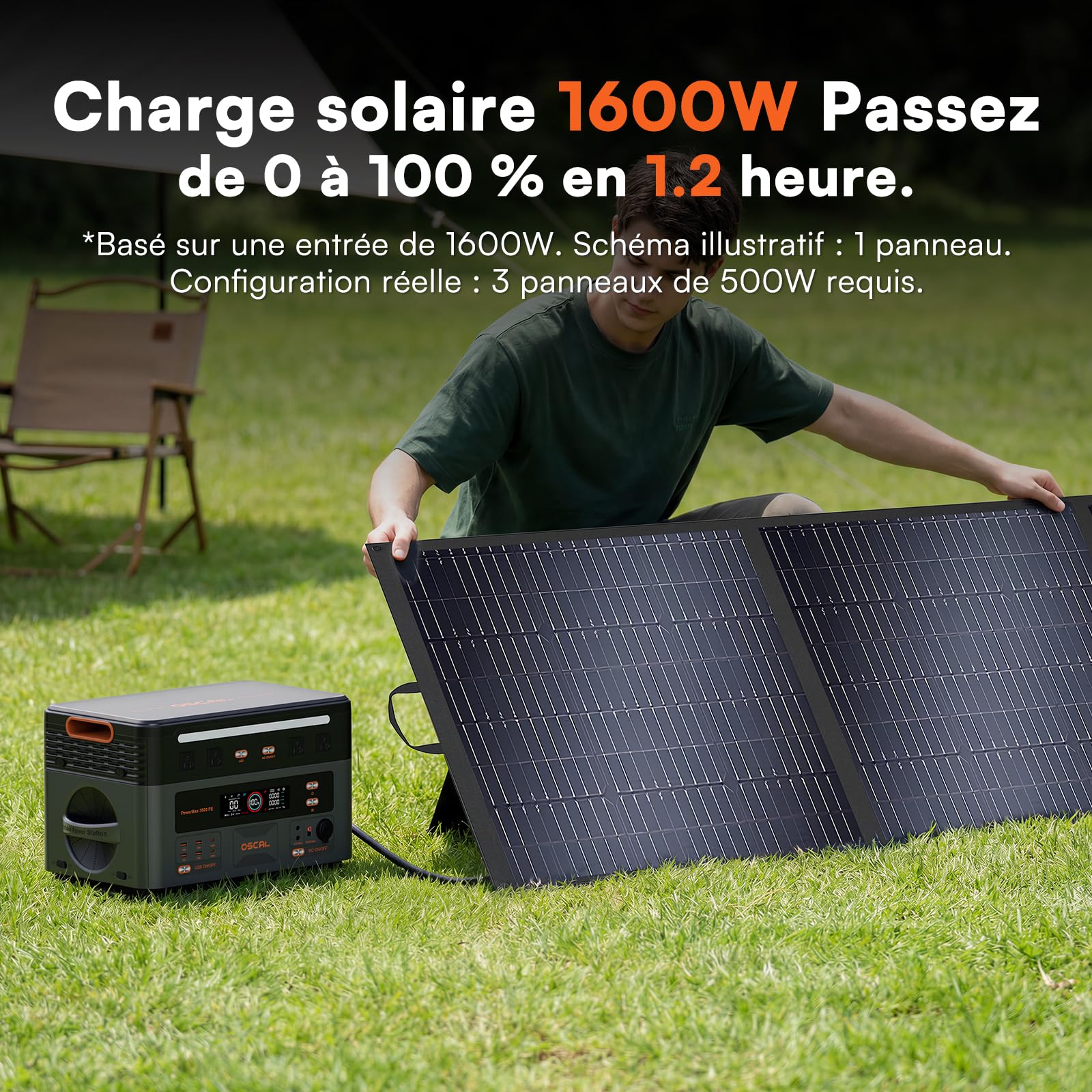 OSCAL PowerMax 3600PE Station d'Énergie Portable avec Panneau Solaire 400W, Puissance de Sortie 3600W, Batterie LFP 2016 Wh, Application, UPS, Panne de Courant, Camping, Camping-car, Urgences