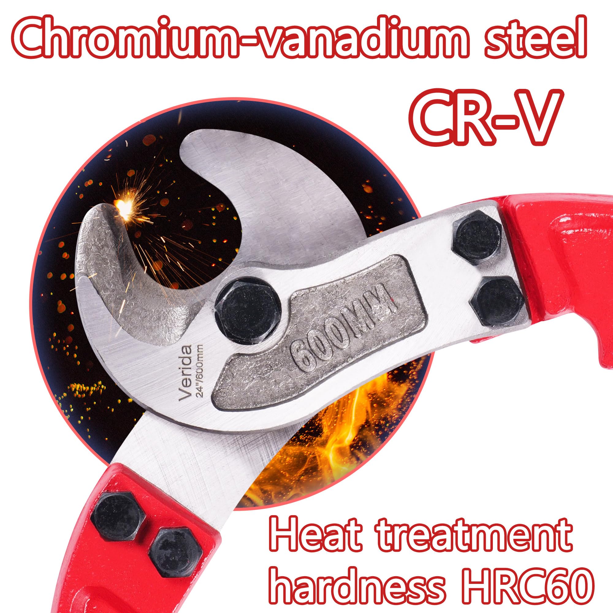 Verida Kabelschneider, 81,3 cm, robuster großer Kabelschneider, Chrom-Vanadium-Stahl, Härte 62 HRC, geeignet zum Schneiden von dicken Kupfer- und Aluminiumkernkabeln, rot
