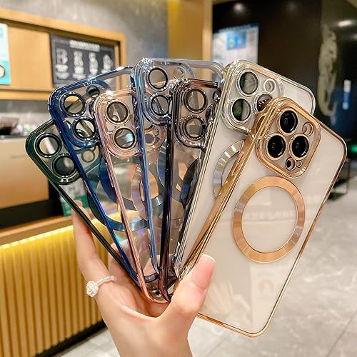 Miniatura 7 de Uioeua - Funda magnética transparente compatible con iPhone 13 Pro, revestimiento de lujo, brillante, transparente, a prueba de golpes, con