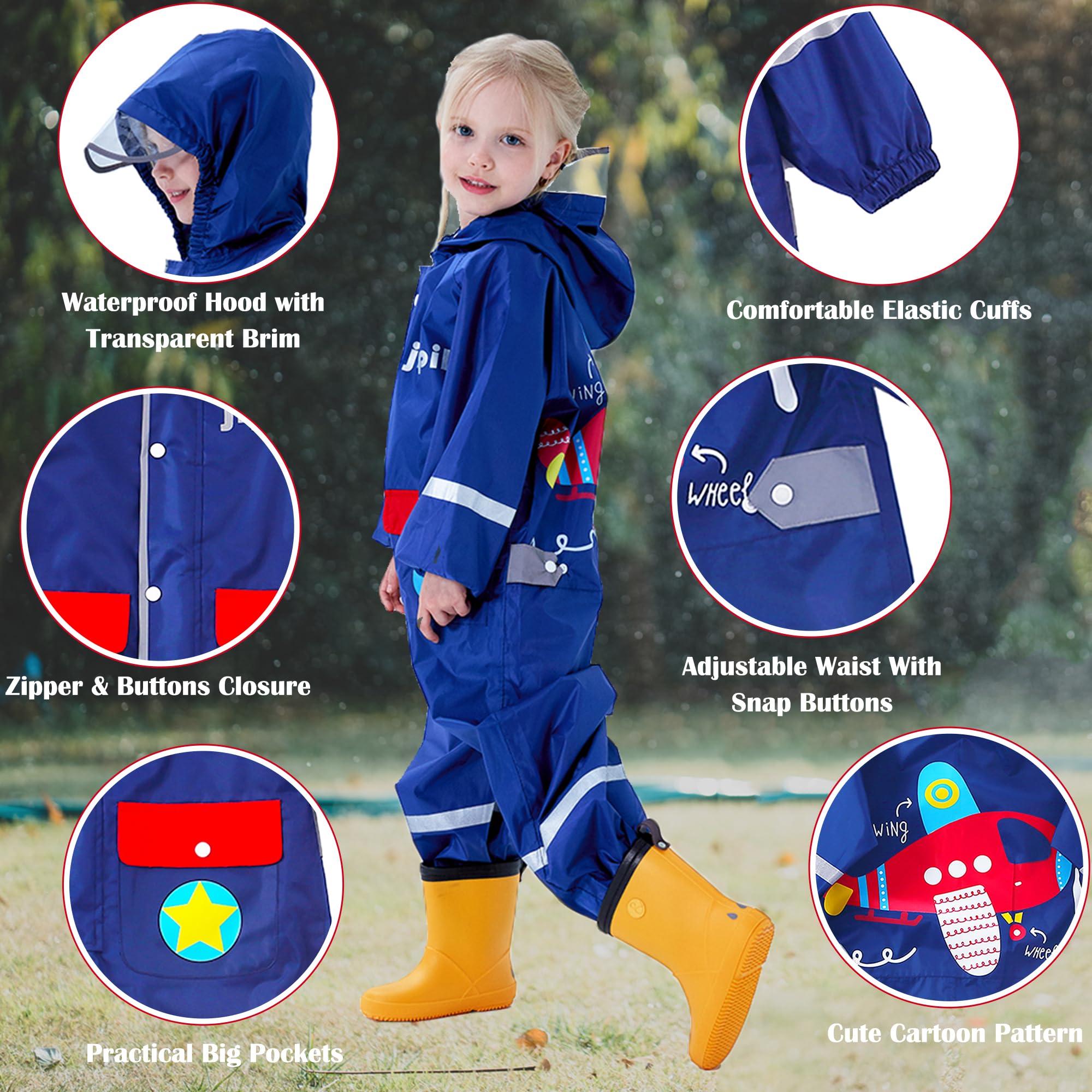 Fewlby Tuta Impermeabile Bambini Tuta Pioggia, Bambina Poncho Antipioggia con Cappuccio Ragazze Ragazzi Giacche Impermeabili Mantella da Pioggia Riutilizzabile per 1-10 Anni