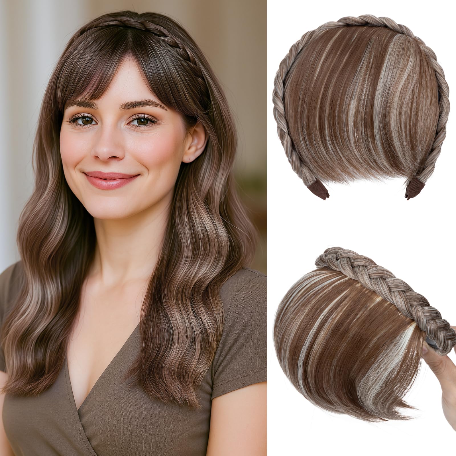 Benehair Headband with Bangs Synthetic Plaited Hair Headband with Natural Fringe Brown mix Blonde Hair Piece for Women Girls(Brown mix Blonde
