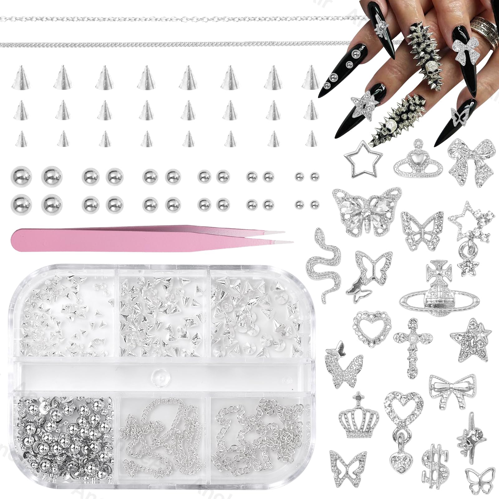 Ciondoli 3D in metallo dorato per unghie, perline dorate con retro piatto, rivetti e unghie, a forma di cuore, farfalla, stella, dollaro, in lega, per nail art in acrilico, design fai da te