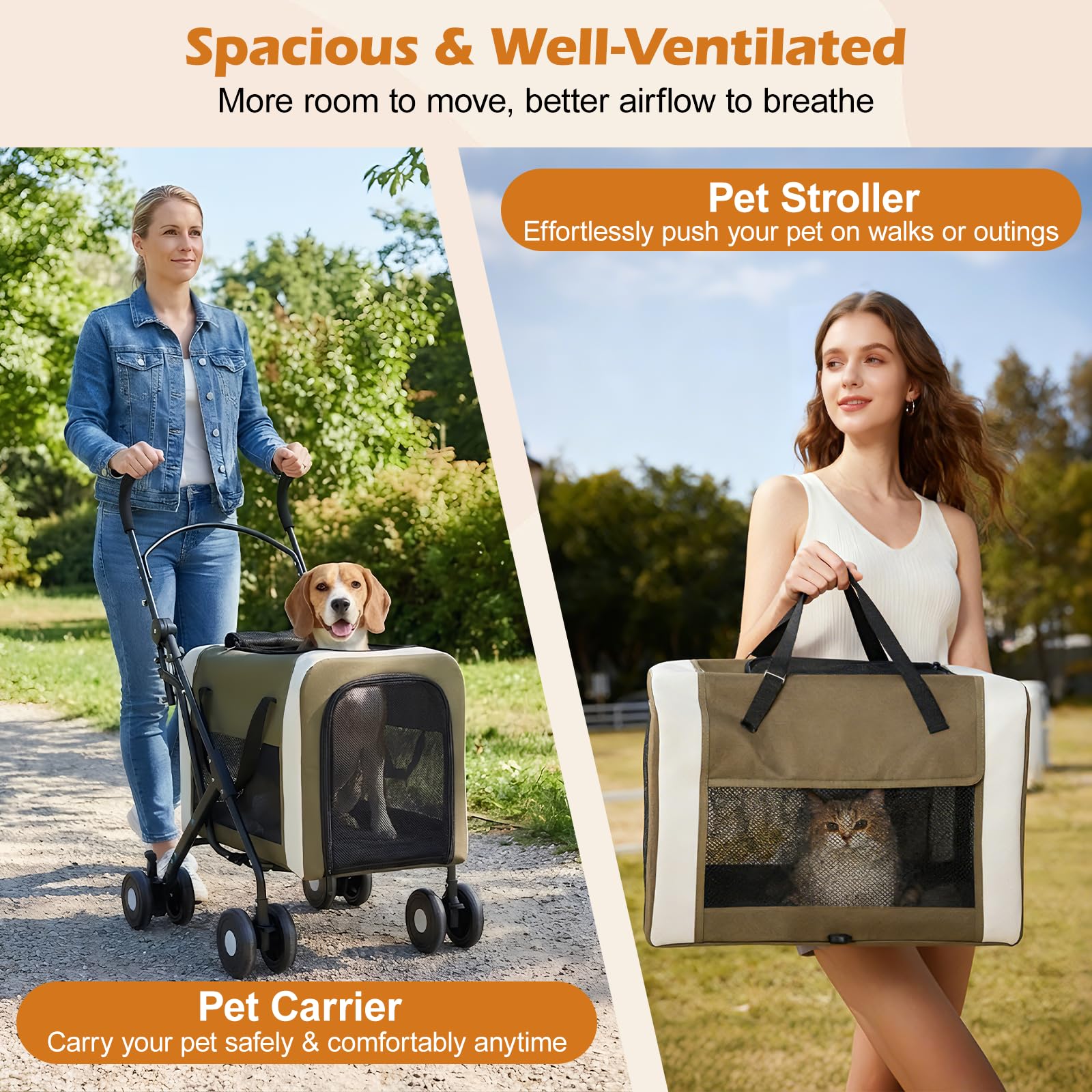 Poussette pour Chiens et Chats 30 kg, Poussette/Transporteur 2 en 1 pour Animaux de Compagnie, Panier Pliable à Deux Points d'entrée, Promeneur de Chien Portable en Plein air
