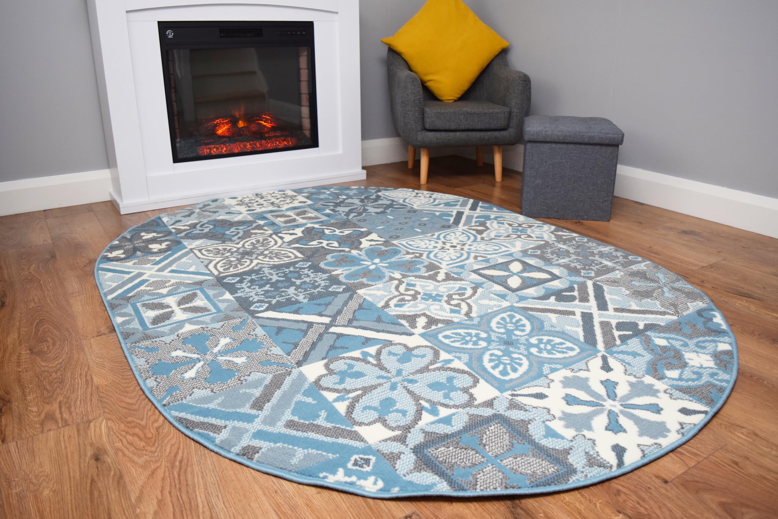 SrS Rugs® Round Circle Large Small Living Room Mat Rug 13 Designs 3 Sizes (Cross Square Sky Blue, 120cm x 170cm Oval Shape) — image 1