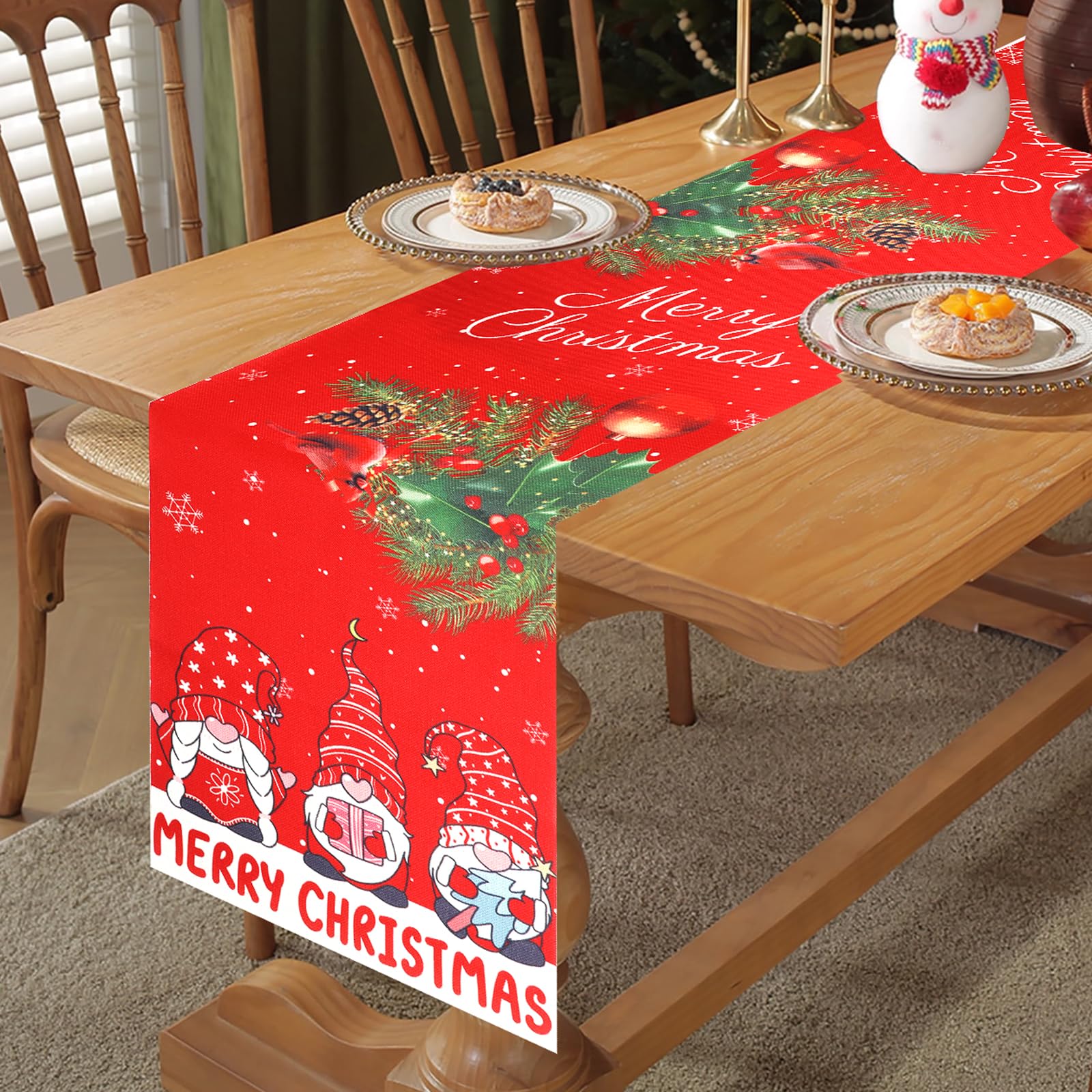Camino de Mesa Navidad Lino Rojo, Corredor Mesa Navideño con Estampado de Acebo de pájaros navideños de gnomos, Adornos Navideños Largo para Mesa Navidad Comedor Cocina Restaurante Hotel, 14"x 72"