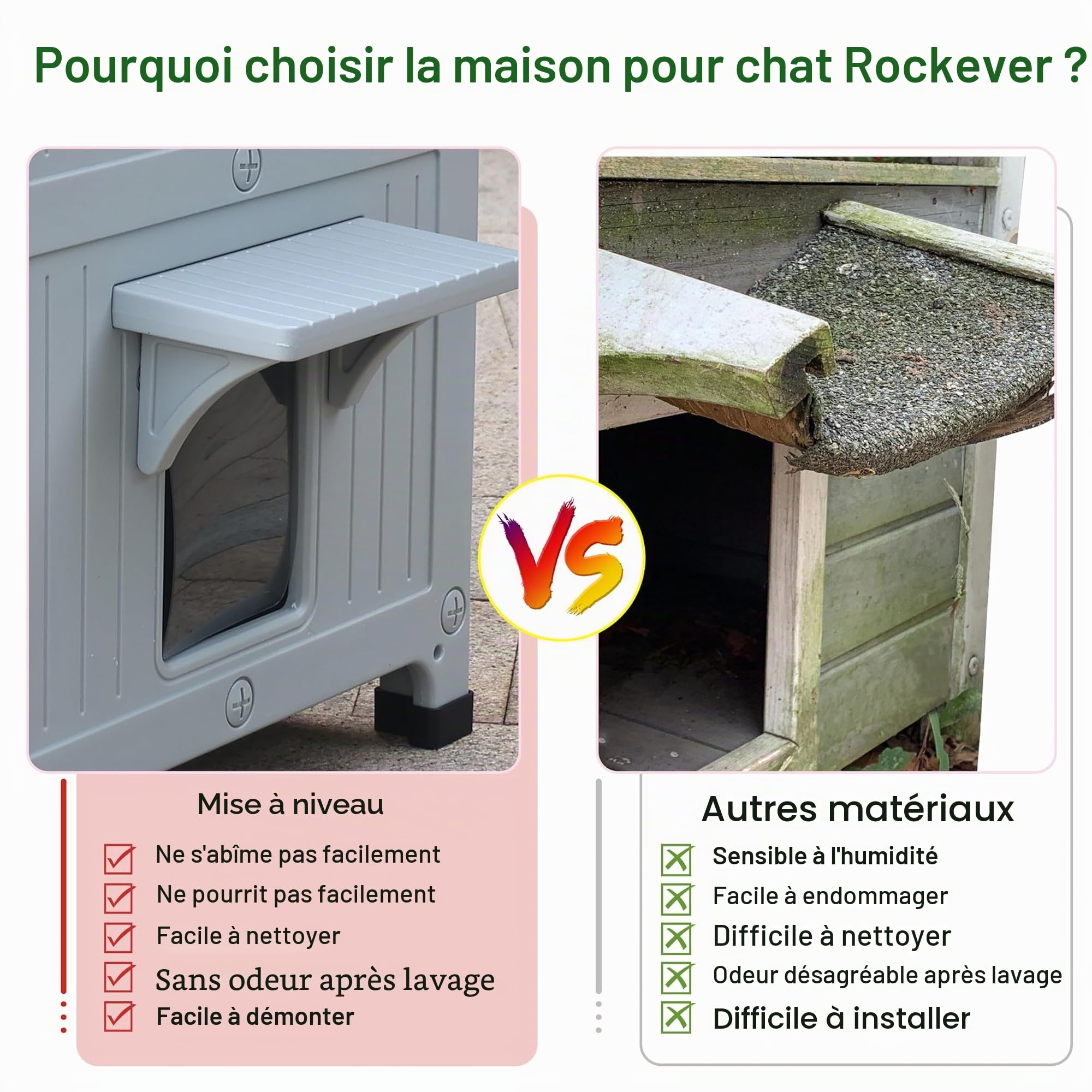Abri pour chat en plein air à 2 étages avec doublure isolante, abris extérieurs pour chats en plastique résistant aux intempéries avec porte d'échappement HiCaptain
