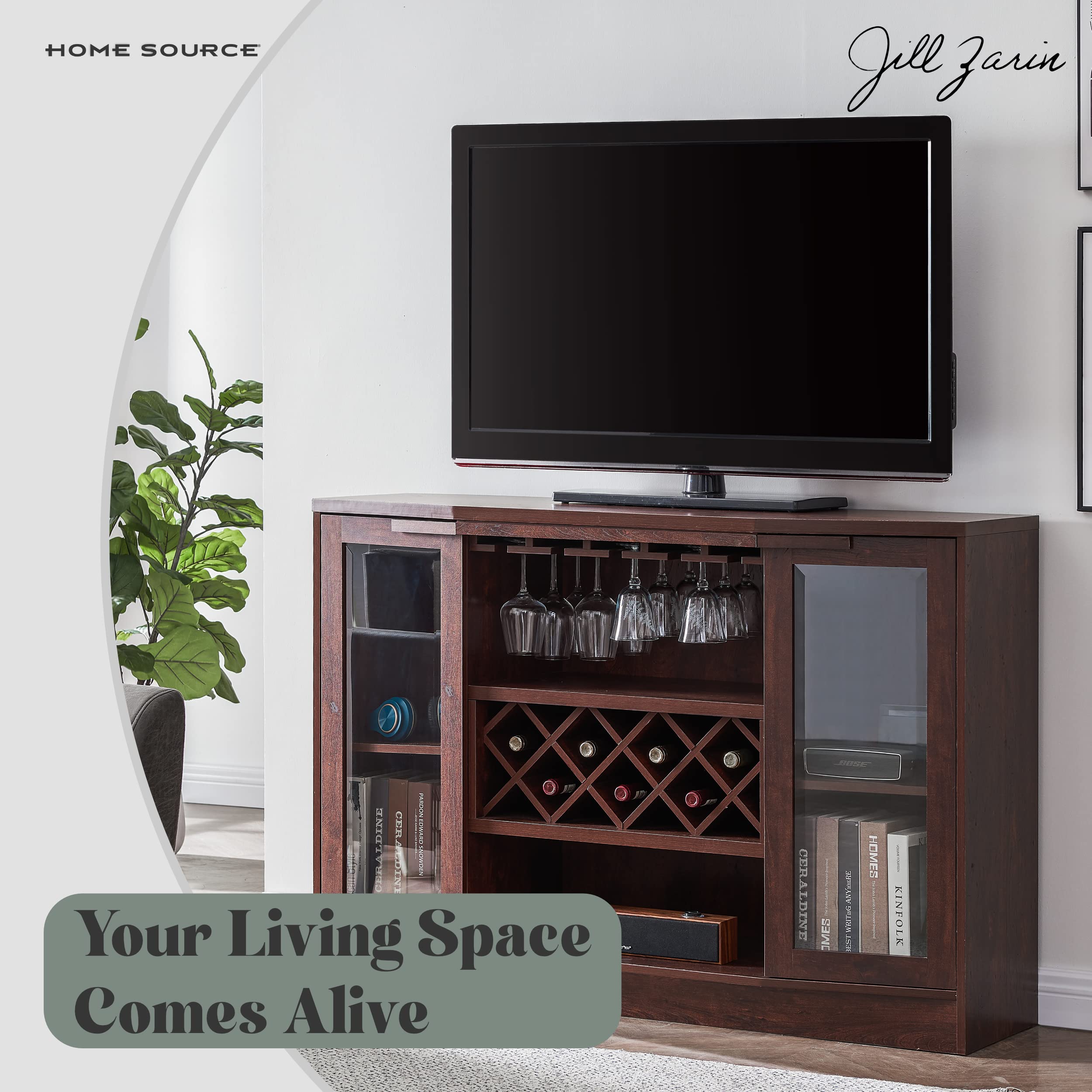 Home Source - Jill Zarin Stylish, Elegant Indoor Home Mahogany-Colored Bar Cabinet with Curved Glass Doors, Built-in Wine Rack, Lower Wine Cabinet, Liquor Cabinet - Mahogany-Colored Wood